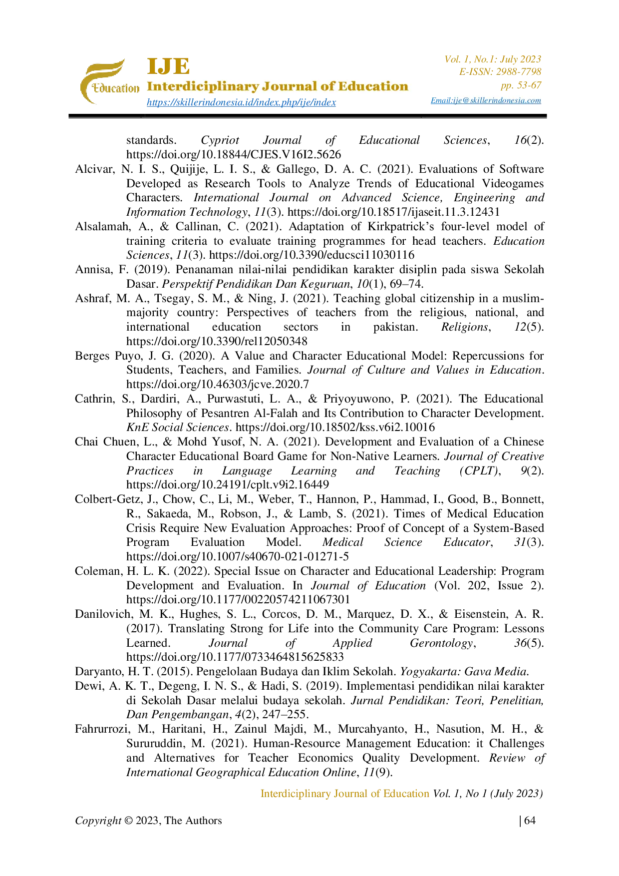 JURIS Evaluation of Character Education Program Based on School Culture