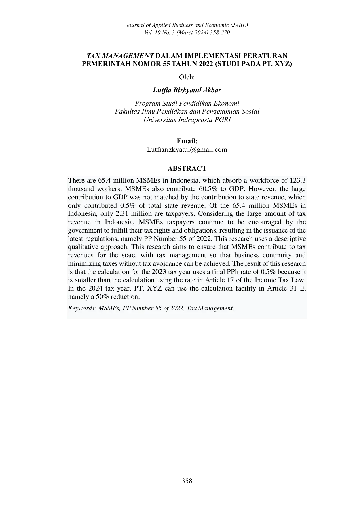 JURIS Tax Management dalam Implementasi Peraturan Pemerintah Nomor 55 Tahun 2022 Studi pada PT XYZ