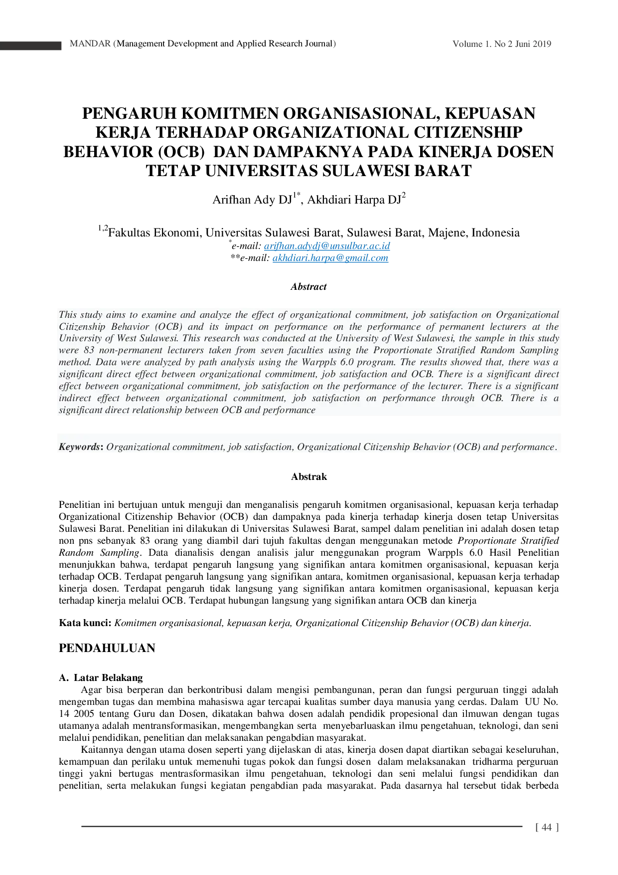 JURIS PENGARUH KOMITMEN ORGANISASIONAL KEPUASAN KERJA TERHADAP ORGANIZATIONAL CITIZENSHIP BEHAVIOR OCB DAN DAMPAKNYA PADA KINERJA DOSEN TETAP UNIVERSITAS SULAWESI BARAT