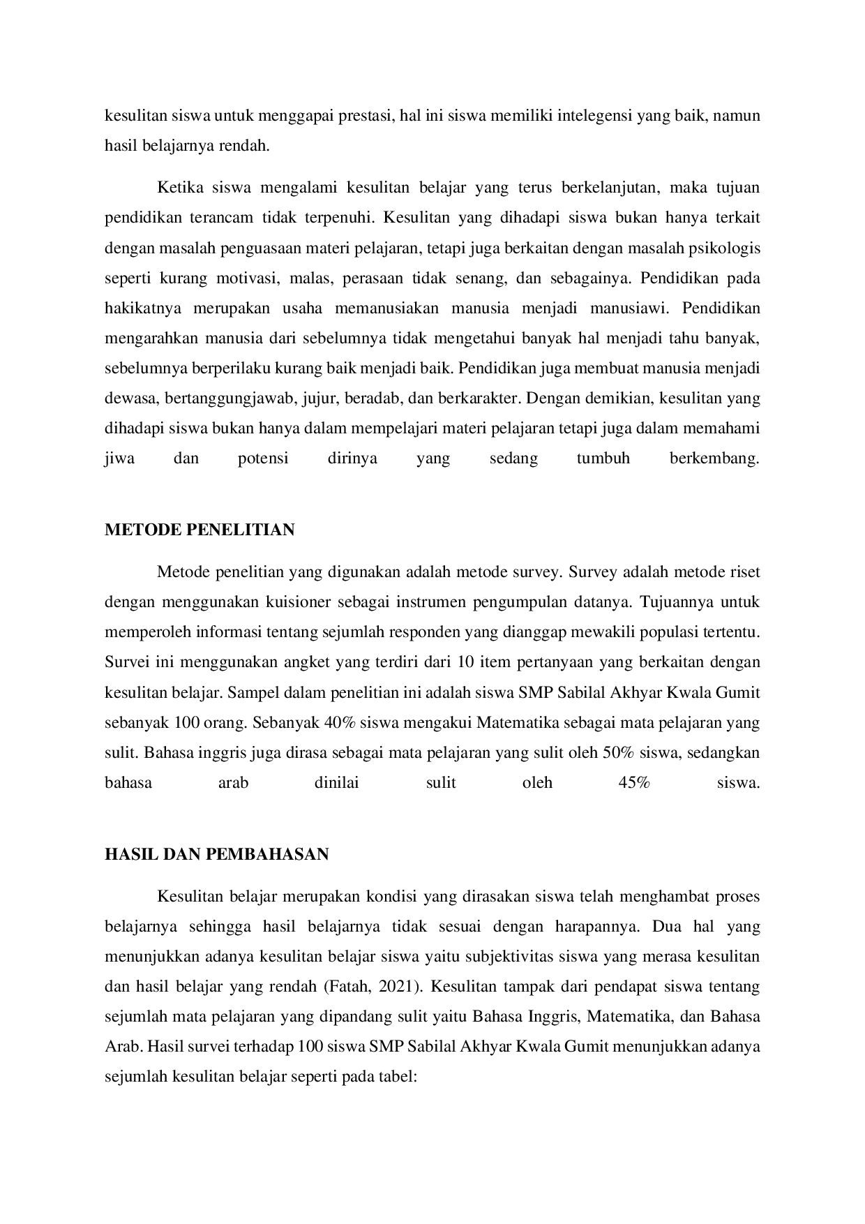 JURIS Kesulitan Belajar Dan Faktor Penyebabnya Pada Siswa Smp