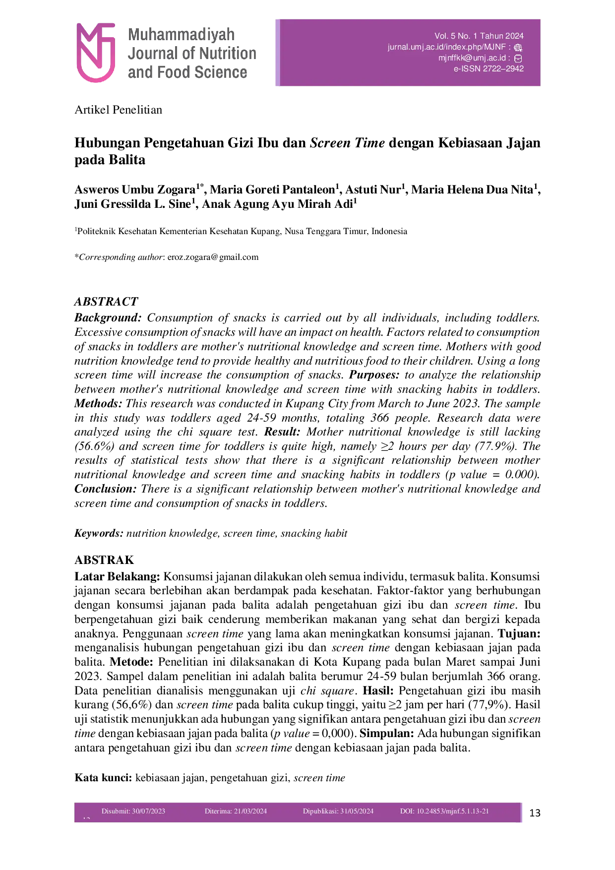 JURIS Hubungan Pengetahuan Gizi Ibu dan Screen Time dengan Kebiasaan Jajan pada Balita