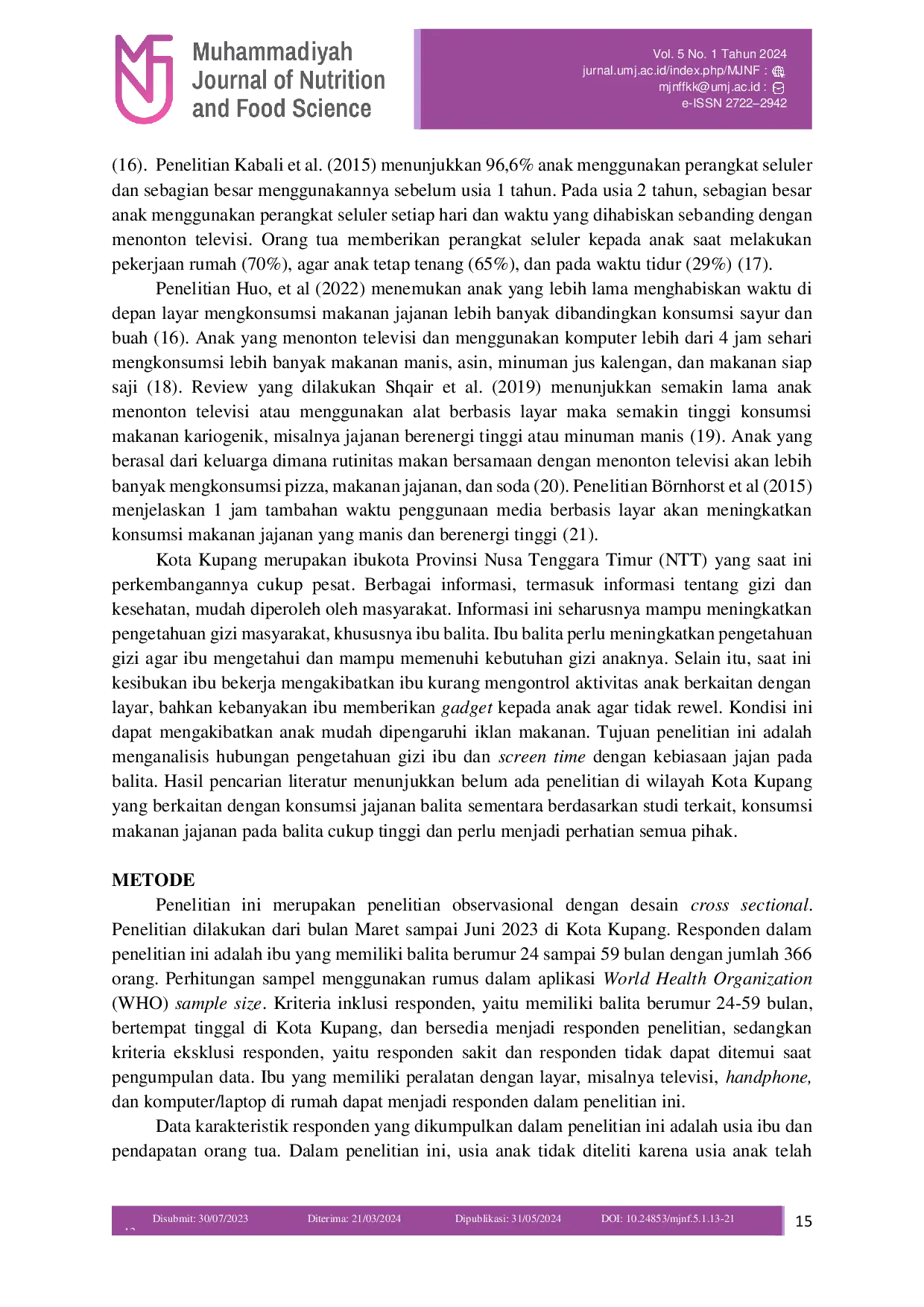 JURIS Hubungan Pengetahuan Gizi Ibu dan Screen Time dengan Kebiasaan Jajan pada Balita