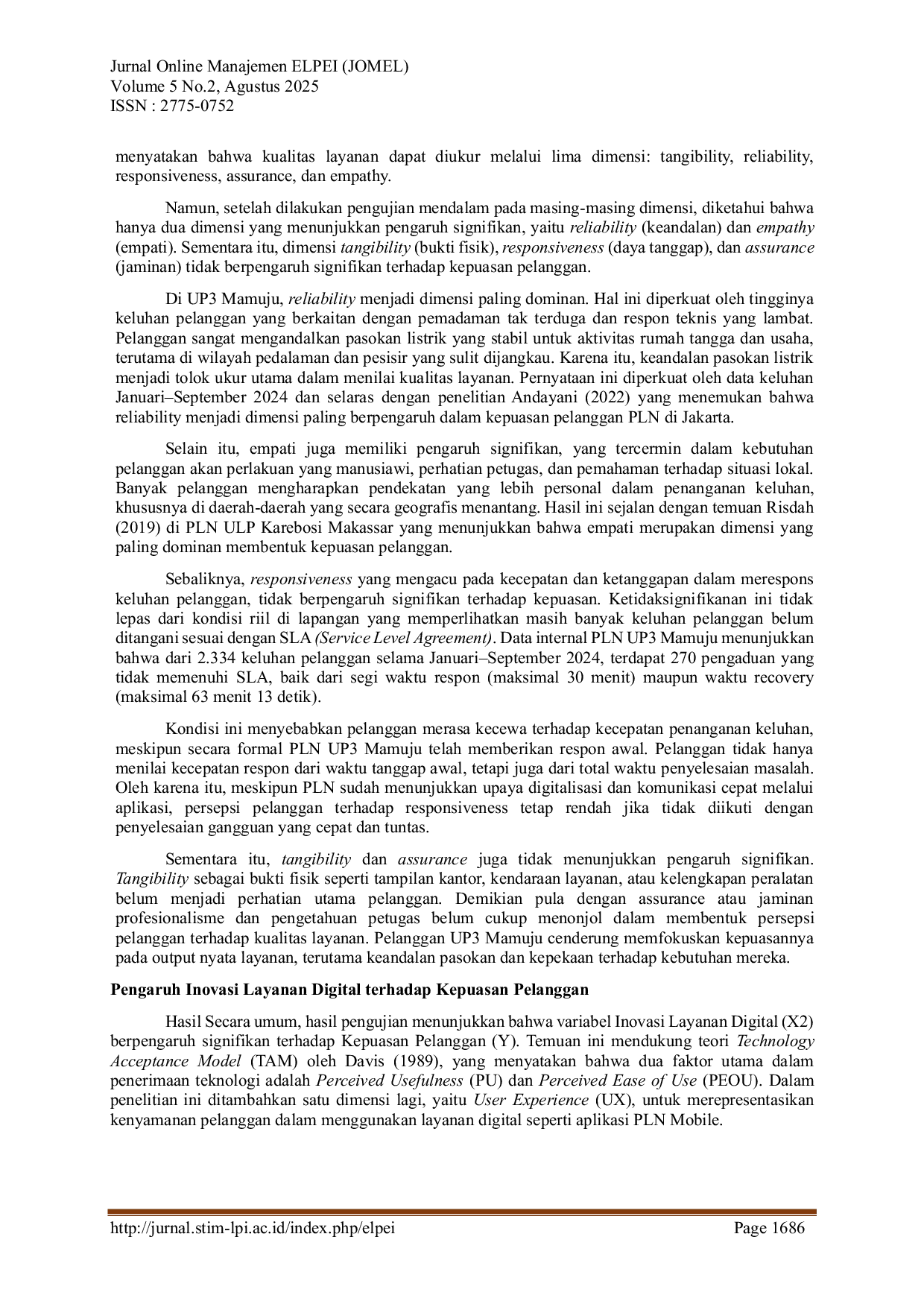 JURIS Pengaruh Kualitas Pelayanan Dan Inovasi Layanan Digital PLN Mobile Terhadap Kepuasan Pelanggan PT PLN Persero Unit Pelaksana Pelayanan Pelanggan UP3 Mamuju