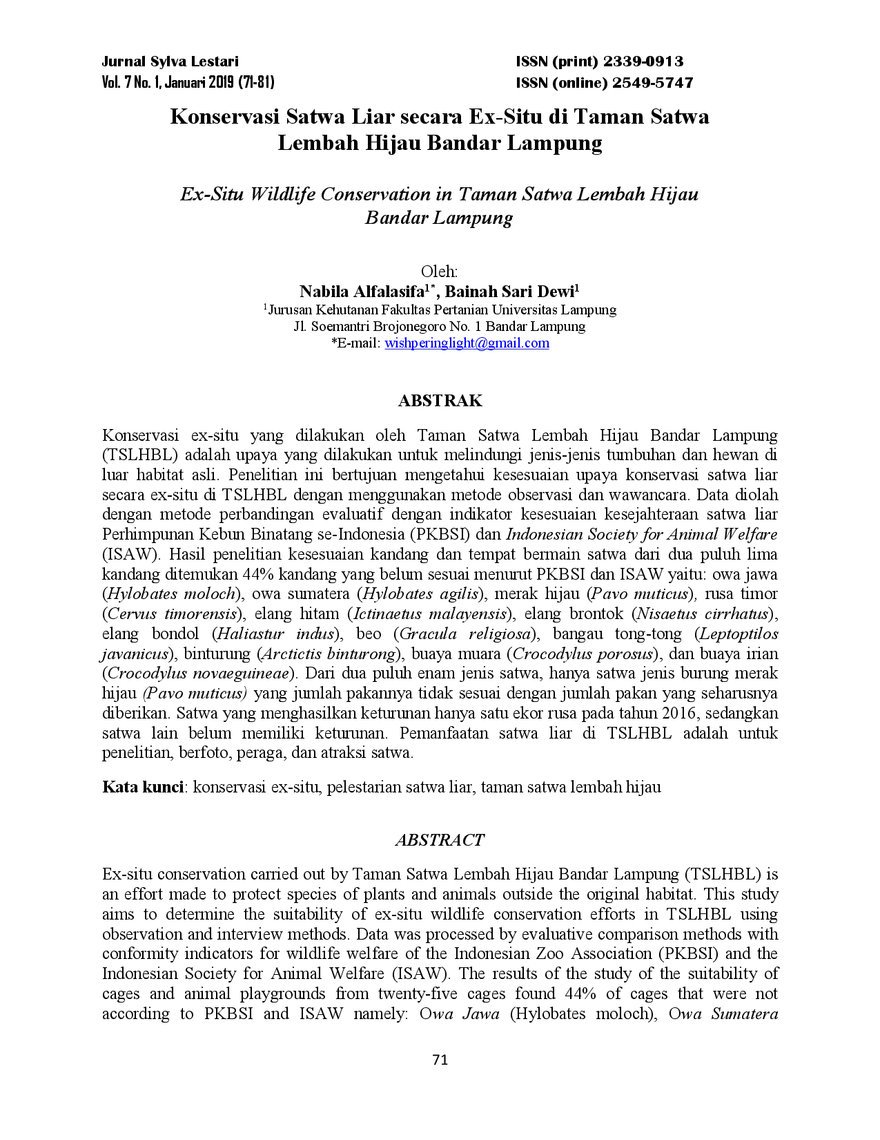 juris Konservasi Satwa Liar secara Ex Situ di Taman Satwa Lembah Hijau Bandar Lampung Ex Situ Wildlife Conservation in Taman Satwa Lembah Hijau Bandar Lampung
