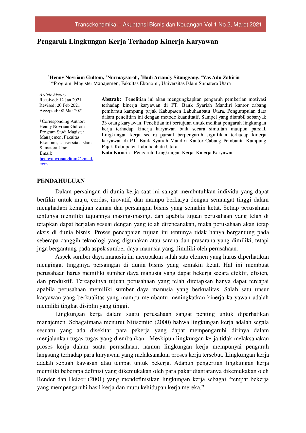 JURIS Pengaruh Lingkungan Kerja Terhadap Kinerja Karyawan