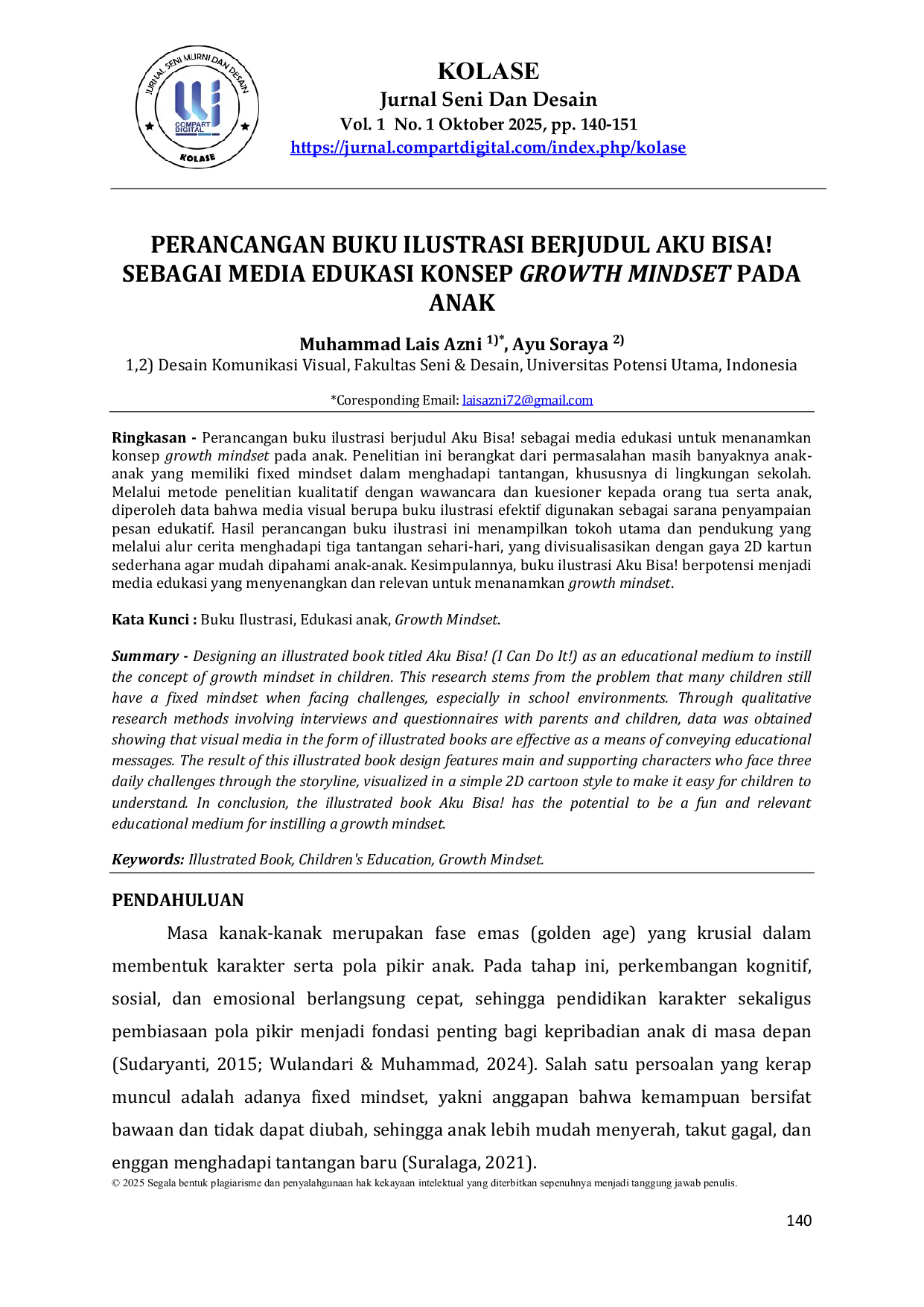 JURIS Perancangan Buku Ilustrasi Berjudul Aku Bisa Sebagai Media Edukasi Konsep Growth Mindset Pada Anak