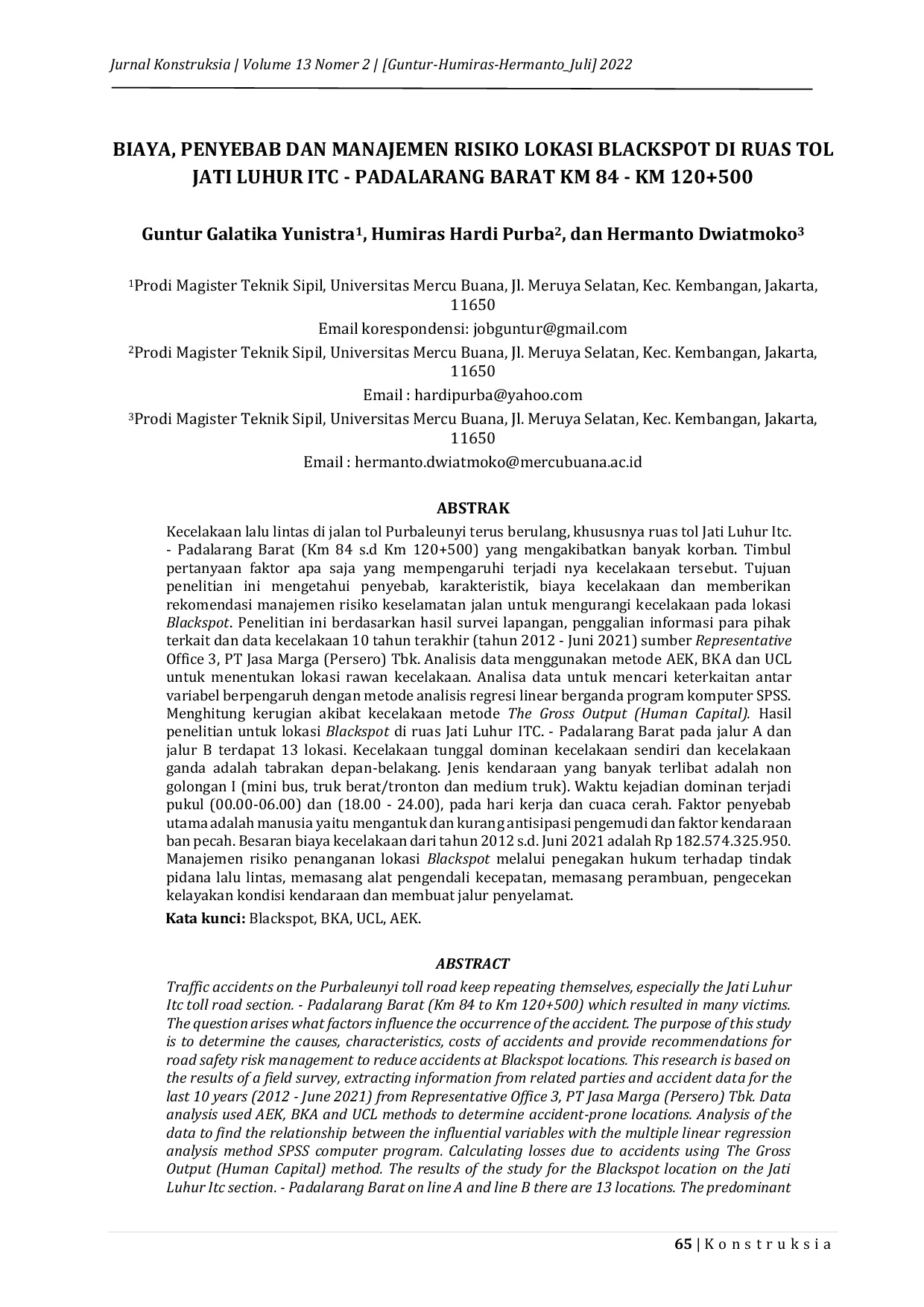 JURIS Biaya Penyebab dan Manajemen Risiko Lokasi Blackspot di Ruas Tol Jati Luhur ITC Padalarang Barat Km 84 Km 120 500