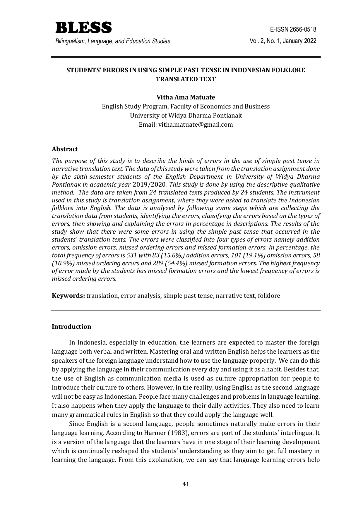 JURIS Students Errors in Using Simple Past Tense in Indonesian Folklore Translated Text