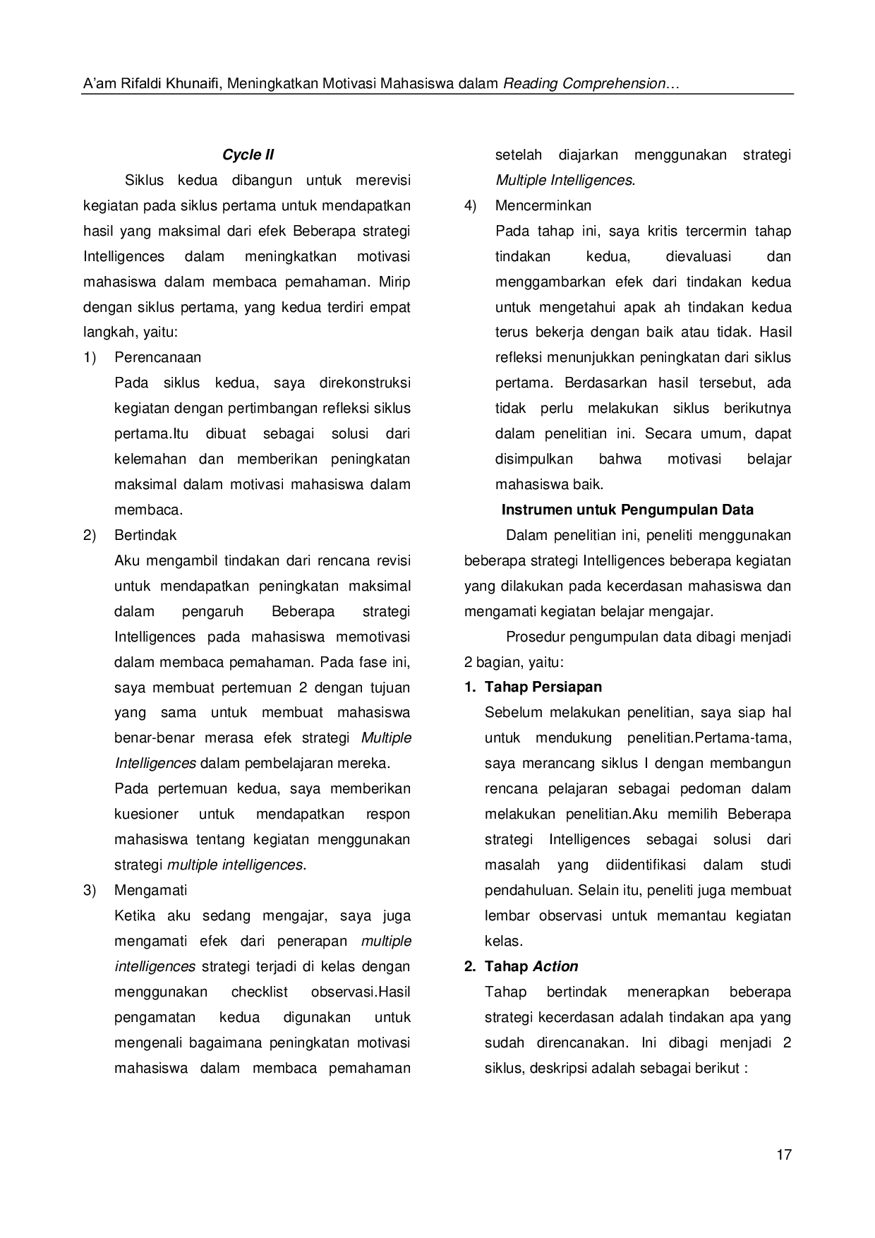 JURIS Meningkatkan Motivasi Mahasiswa dalam Reading Comprehension dengan Strategi Multiple Intelligences