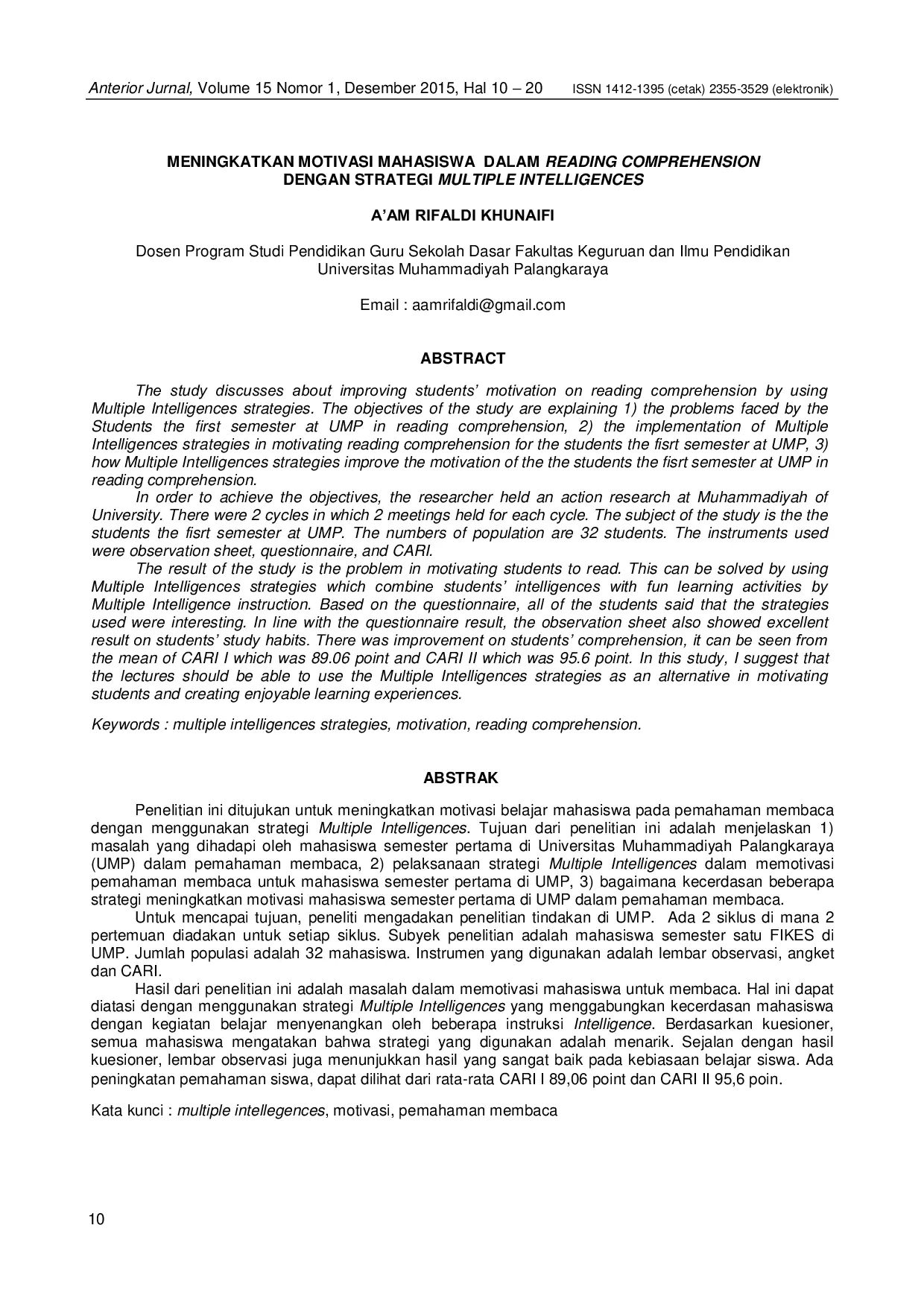 JURIS Meningkatkan Motivasi Mahasiswa dalam Reading Comprehension dengan Strategi Multiple Intelligences
