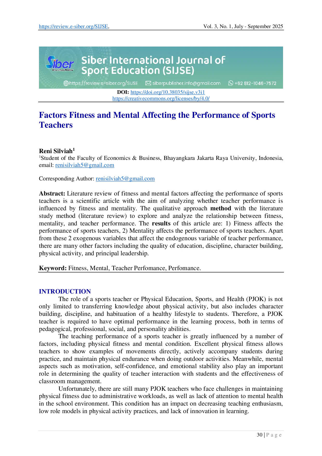 JURIS Factors Fitness and Mental Affecting the Performance of Sports Teachers