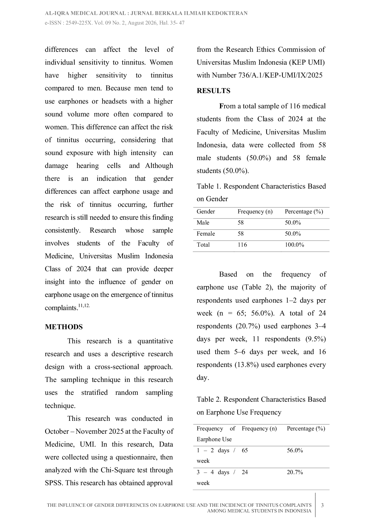 JURIS The Influence of Gender Differences on Earphone Use and the Incidence of Tinnitus Complaints Among Medical Students in Indonesia