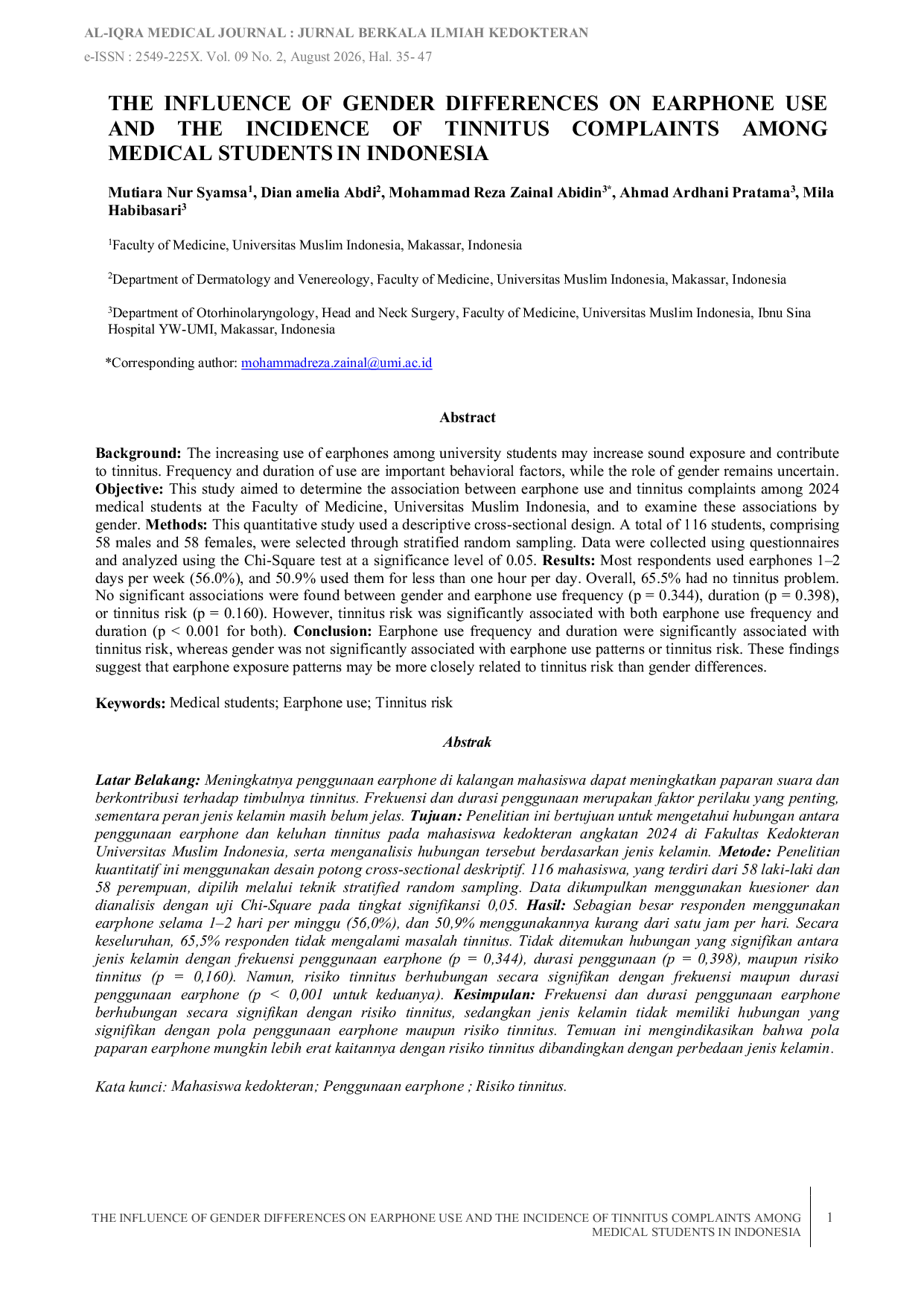 JURIS The Influence of Gender Differences on Earphone Use and the Incidence of Tinnitus Complaints Among Medical Students in Indonesia
