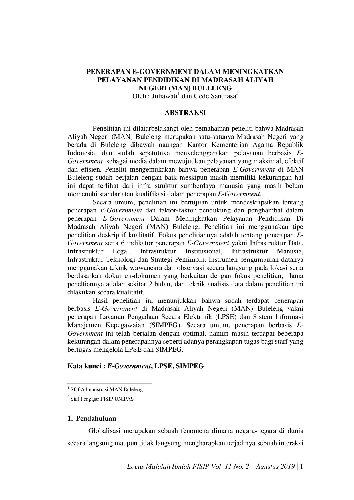 JURIS Penerapan E Government Dalam Meningkatkan Pelayanan Pendidikan Di Madrasah Aliyah Negeri Man Buleleng