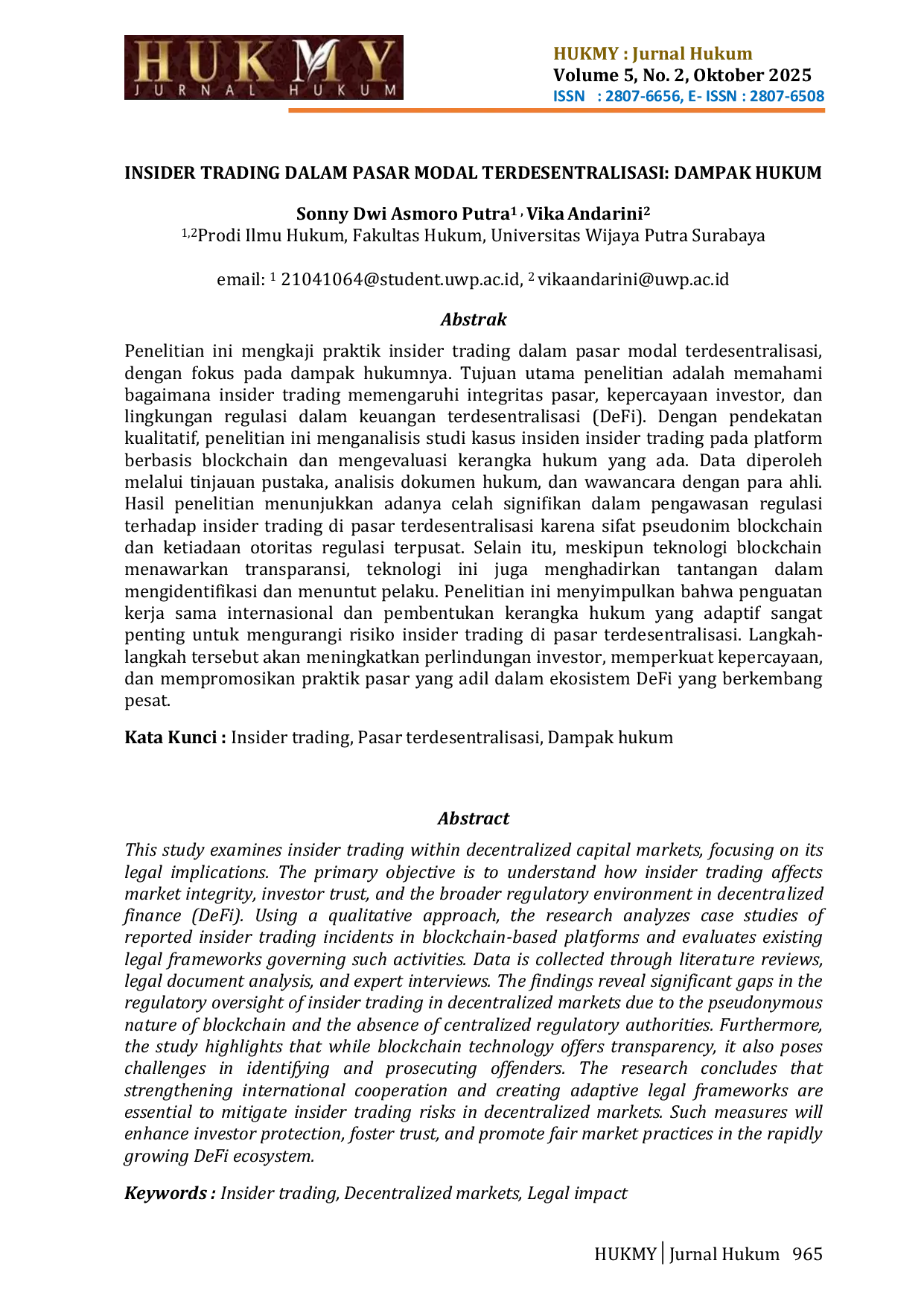 JURIS Insider Trading Dalam Pasar Modal Terdesentralisasi Dampak Hukum