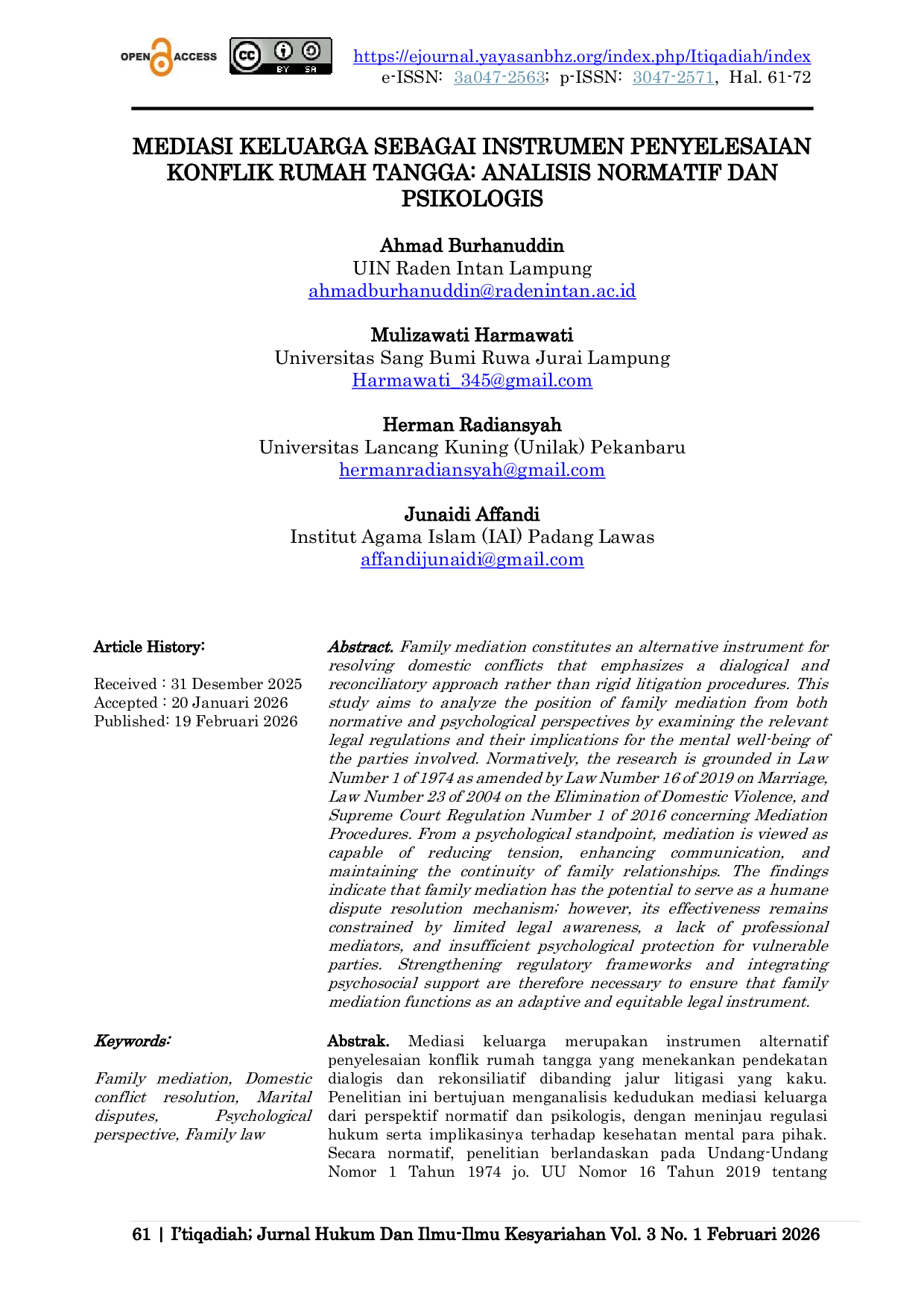 JURIS Mediasi Keluarga Sebagai Instrumen Penyelesaian Konflik Rumah Tangga Analisis Normatif Dan Psikologis