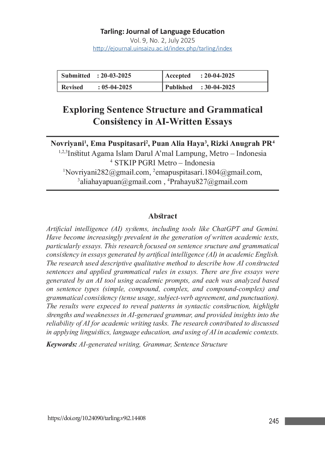 JURIS Exploring Sentence Structure and Grammatical Consistency in AI Written Essays