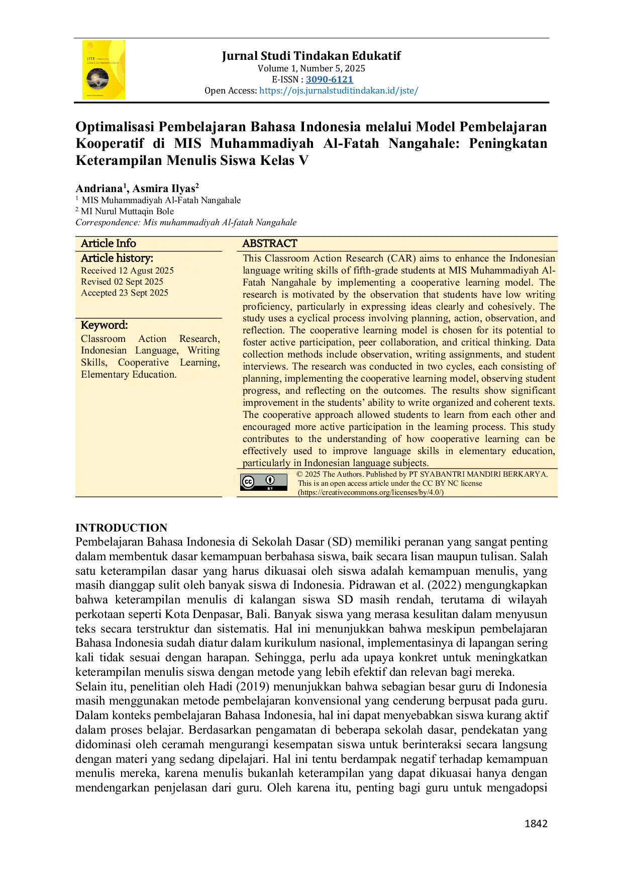 JURIS Optimalisasi Pembelajaran Bahasa Indonesia melalui Model Pembelajaran Kooperatif di MIS Muhammadiyah Al Fatah Nangahale Peningkatan Keterampilan Menulis Siswa Kelas V