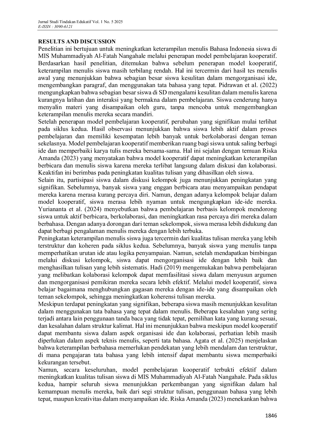 JURIS Optimalisasi Pembelajaran Bahasa Indonesia melalui Model Pembelajaran Kooperatif di MIS Muhammadiyah Al Fatah Nangahale Peningkatan Keterampilan Menulis Siswa Kelas V