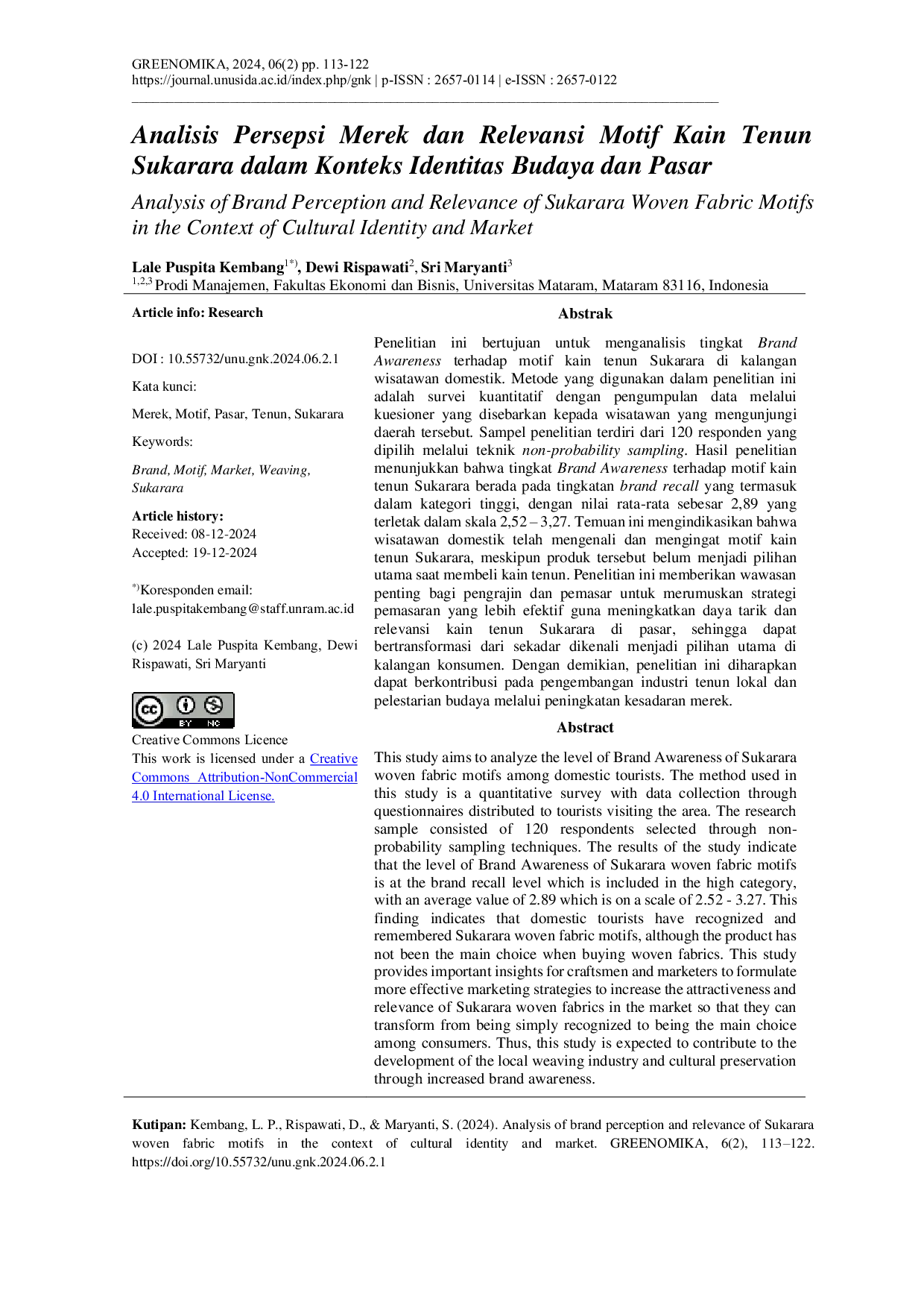 JURIS Analysis of Brand Perception and Relevance of Sukarara Woven Fabric Motifs in the Context of Cultural Identity and Market