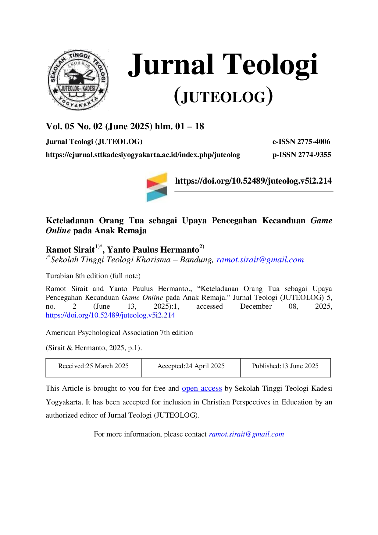 JURIS Keteladanan Orang Tua Sebagai Upaya Pencegahan Kecanduan Game Online pada Anak Remaja