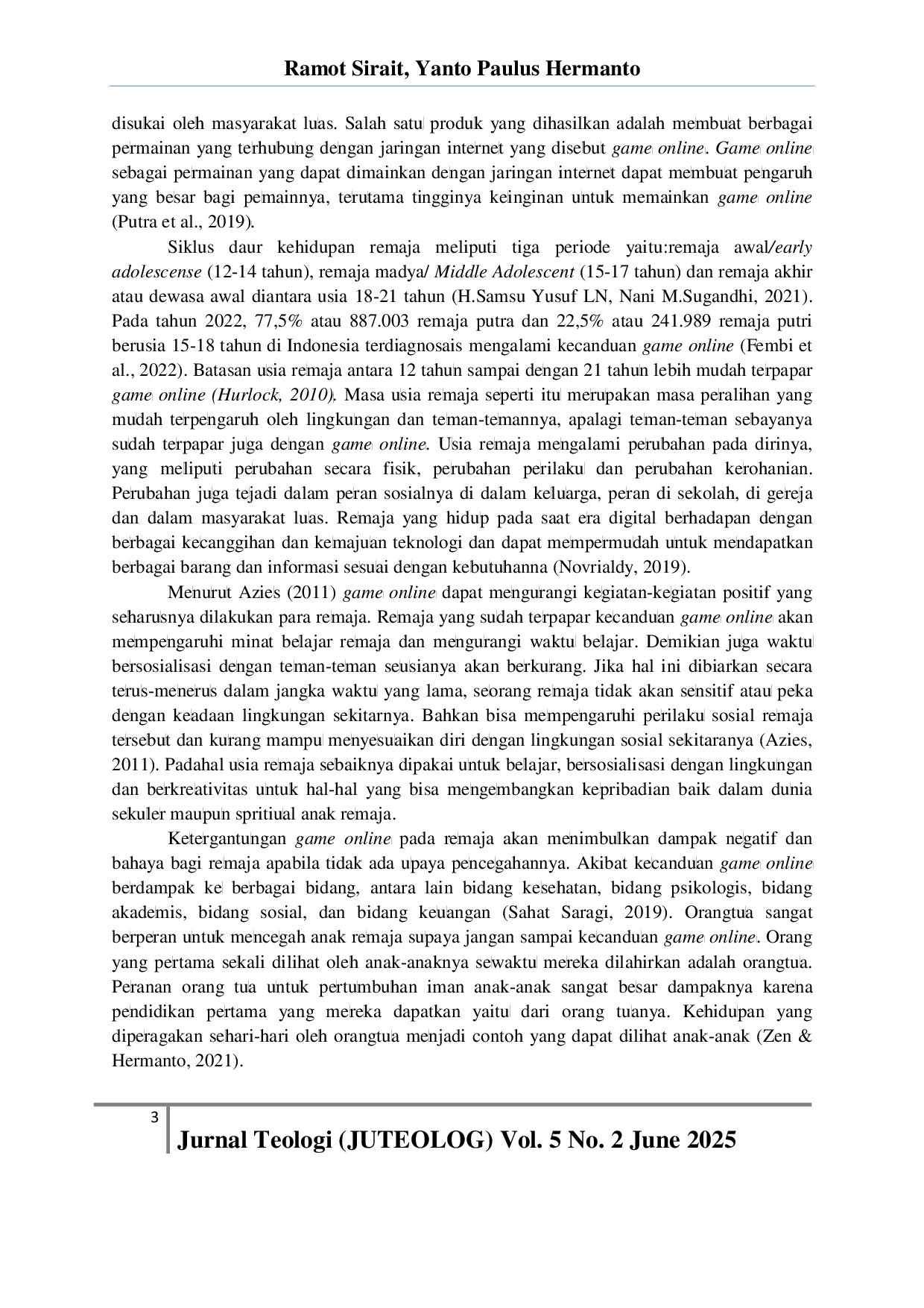 JURIS Keteladanan Orang Tua Sebagai Upaya Pencegahan Kecanduan Game Online pada Anak Remaja