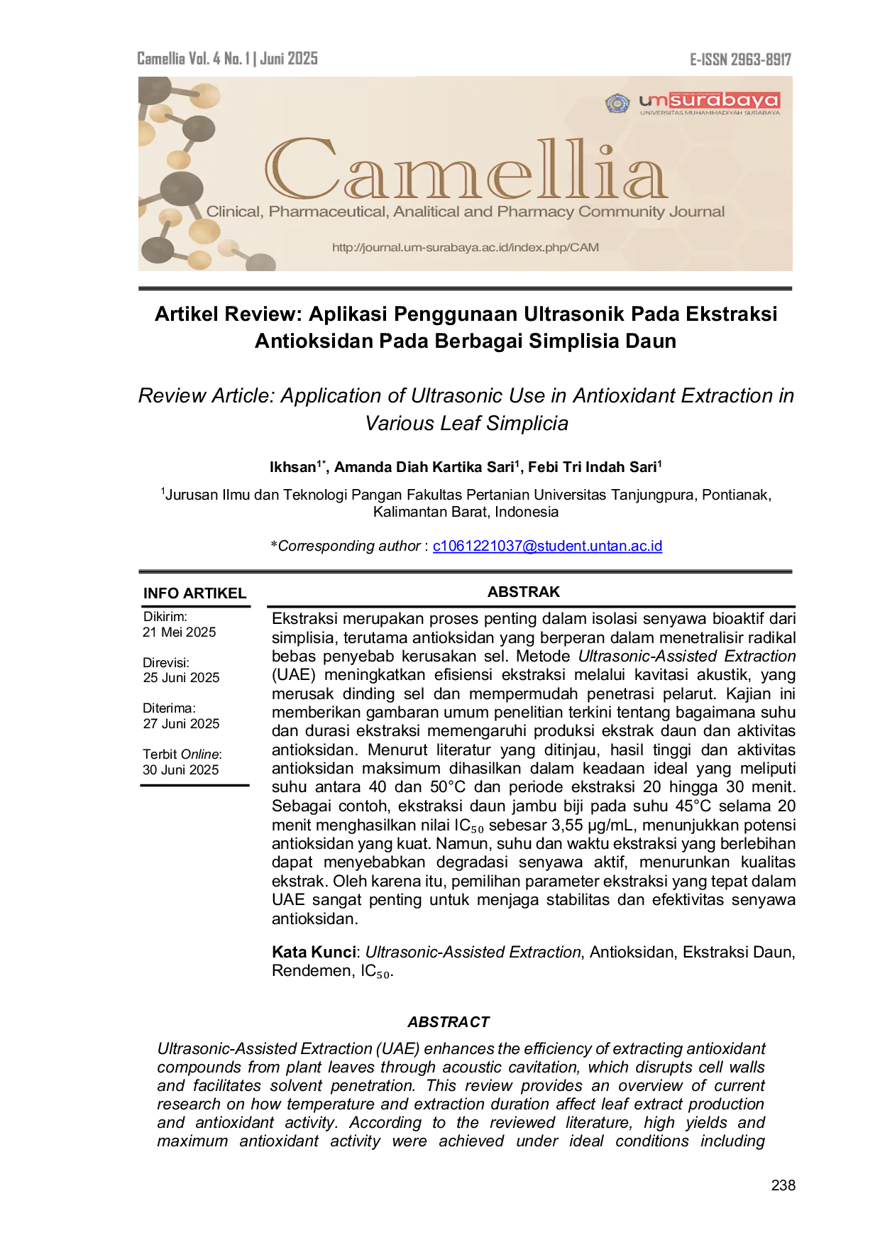 JURIS Artikel Review Aplikasi Penggunaan Ultrasonik pada Ekstraksi Antioksidan pada Berbagai simplisia Daun