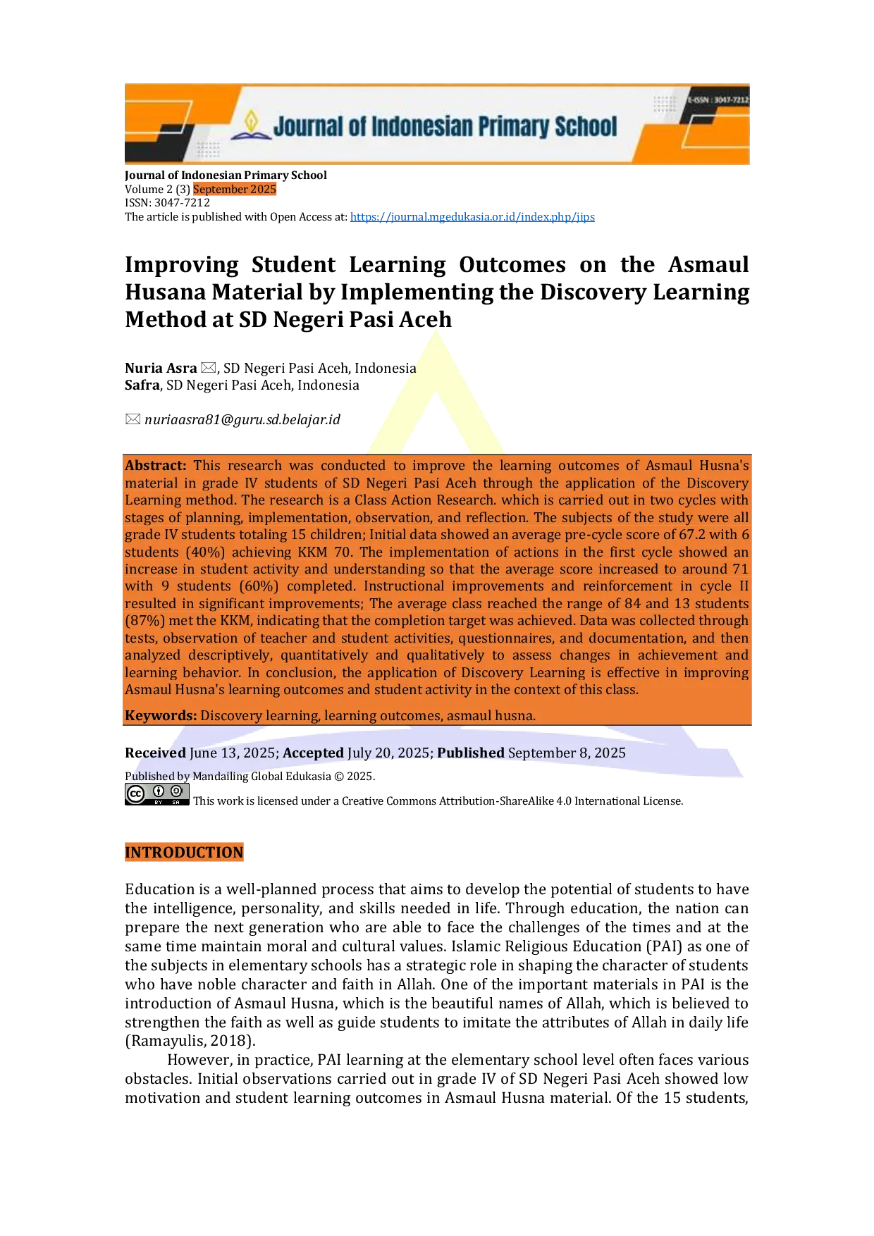 JURIS Improving Student Learning Outcomes on the Asmaul Husana Material by Implementing the Discovery Learning Method at SD Negeri Pasi Aceh