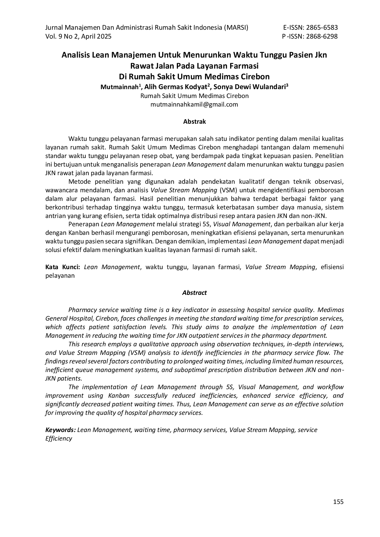JURIS Analisis Lean Manajemen Untuk Menurunkan Waktu Tunggu Pasien Jkn Rawat Jalan Pada Layanan Farmasi Di Rumah Sakit Umum Medimas Cirebon