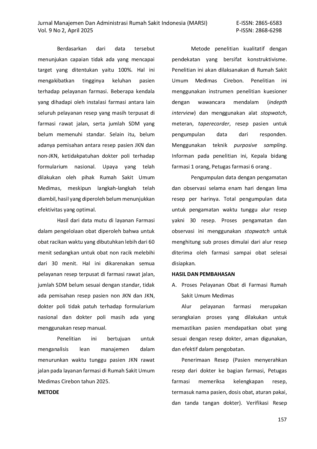 JURIS Analisis Lean Manajemen Untuk Menurunkan Waktu Tunggu Pasien Jkn Rawat Jalan Pada Layanan Farmasi Di Rumah Sakit Umum Medimas Cirebon