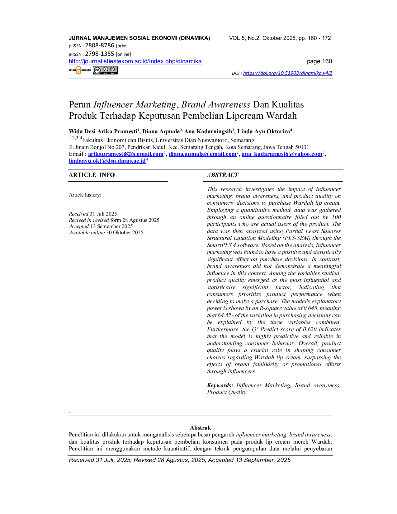 JURIS Peran Influencer Marketing Brand Awareness dan Kualitas Produk Terhadap Keputusan Pembelian Lipcream Wardah