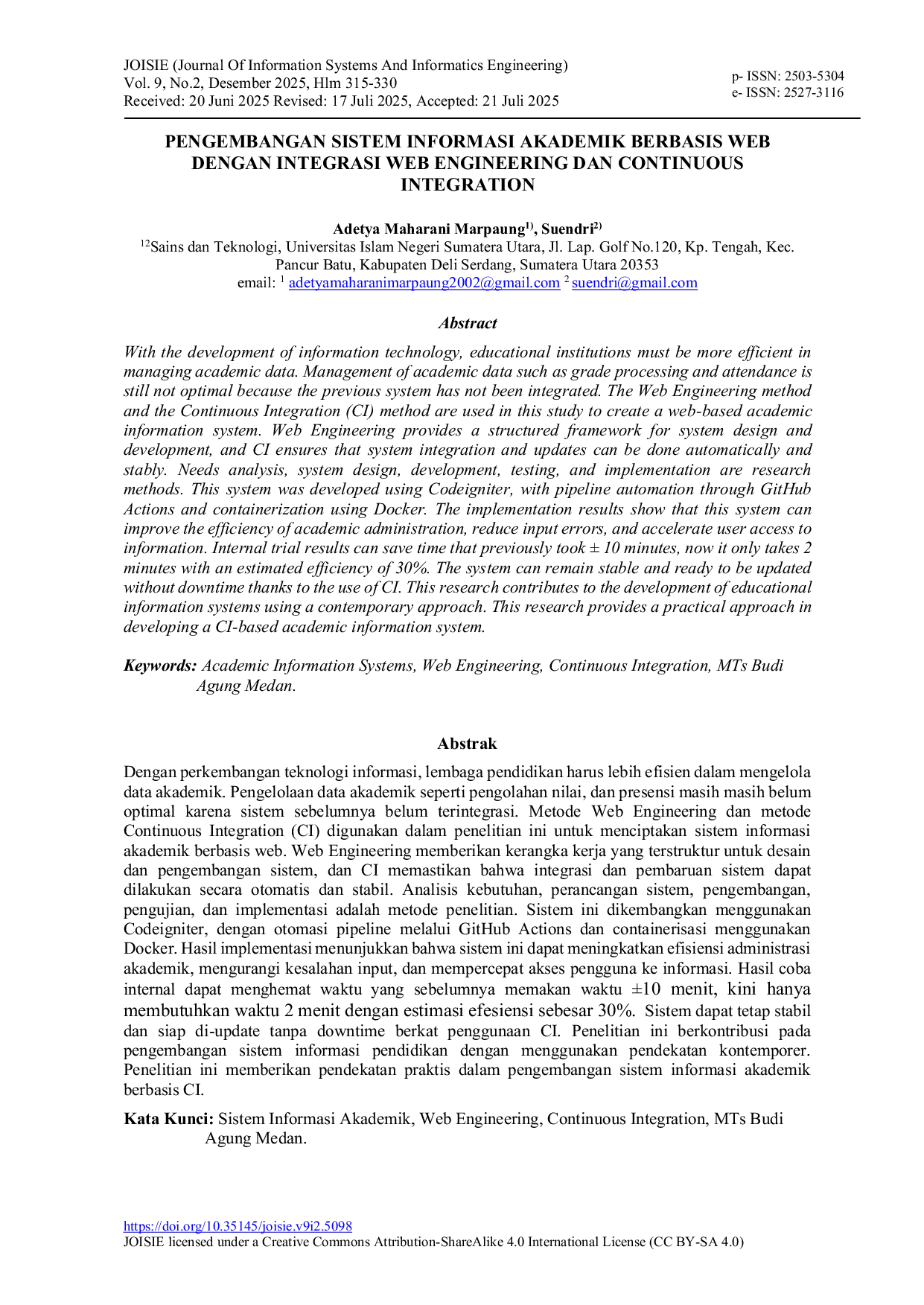 JURIS PENGEMBANGAN SISTEM INFORMASI AKADEMIK BERBASIS WEB DENGAN INTEGRASI WEB ENGINEERING DAN CONTINUOUS INTEGRATION