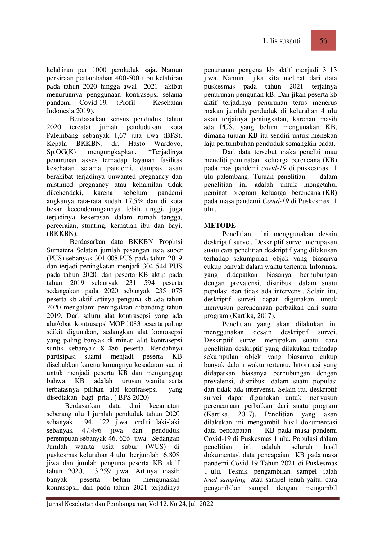 JURIS Peminatan Keluarga Berencana Pada Masa Pandemi Covid 19 Di Puskesmas 1 Ulu Palembang