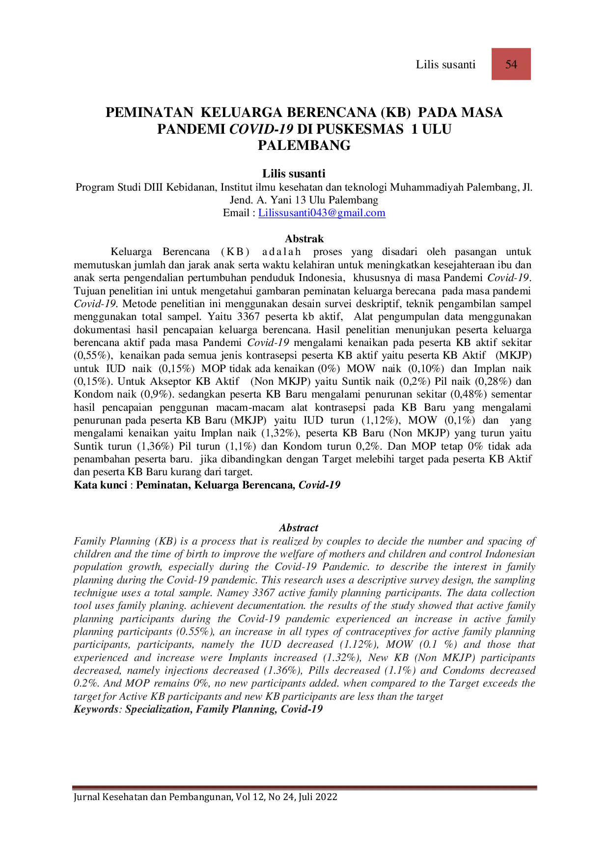 JURIS Peminatan Keluarga Berencana Pada Masa Pandemi Covid 19 Di Puskesmas 1 Ulu Palembang
