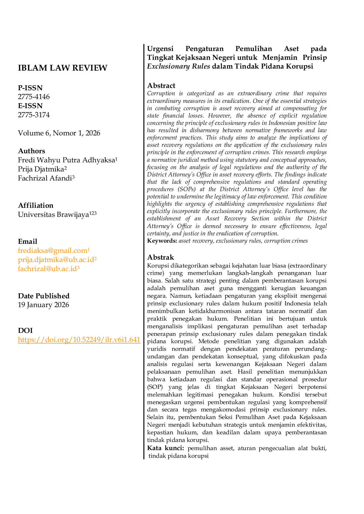 JURIS The Urgency of Regulating Asset Recovery at the District Attorney Level to Ensure the Exclusionary Rules Principle in Corruption Crimes