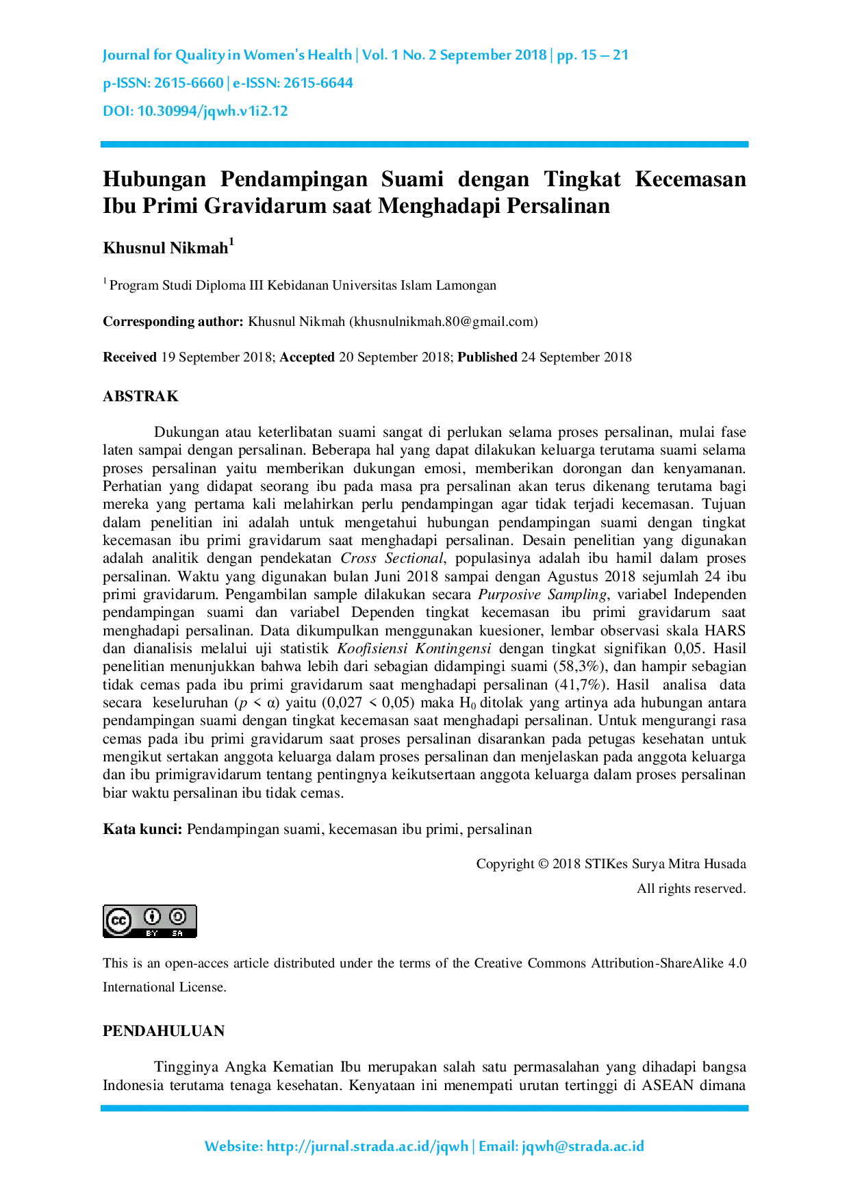 JURIS Hubungan Pendampingan Suami dengan Tingkat Kecemasan Ibu Primi Gravidarum saat Menghadapi Persalinan