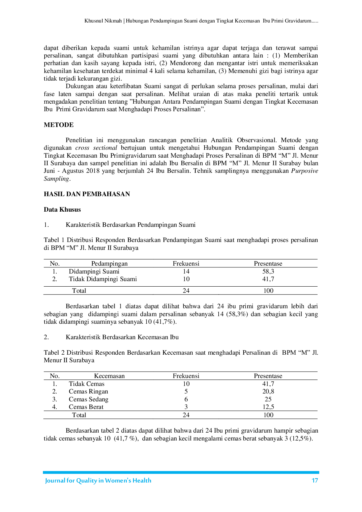 JURIS Hubungan Pendampingan Suami dengan Tingkat Kecemasan Ibu Primi Gravidarum saat Menghadapi Persalinan