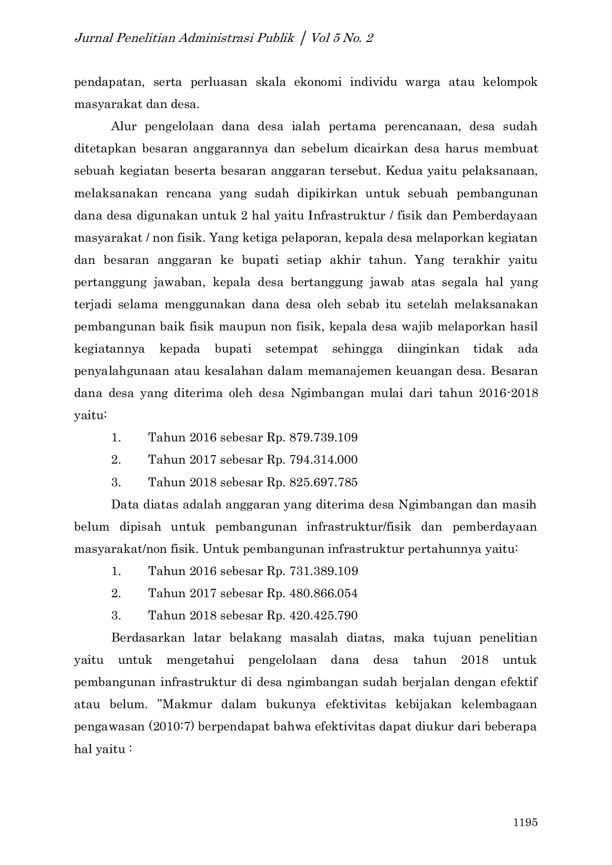 JURIS Efektivitas Pengelolaan Dana Desa Tahun 2018 Bagi Pembangunan Infrastruktur di Desa Ngimbangan Kecamatan Mojosari Kabupaten Mojokerto