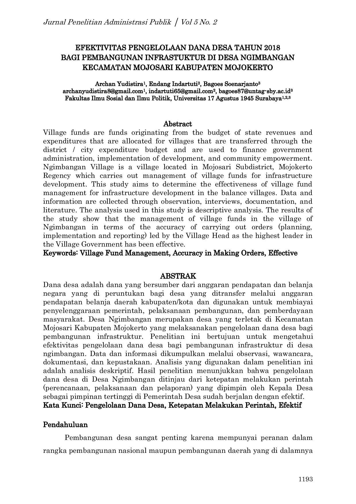 JURIS Efektivitas Pengelolaan Dana Desa Tahun 2018 Bagi Pembangunan Infrastruktur di Desa Ngimbangan Kecamatan Mojosari Kabupaten Mojokerto