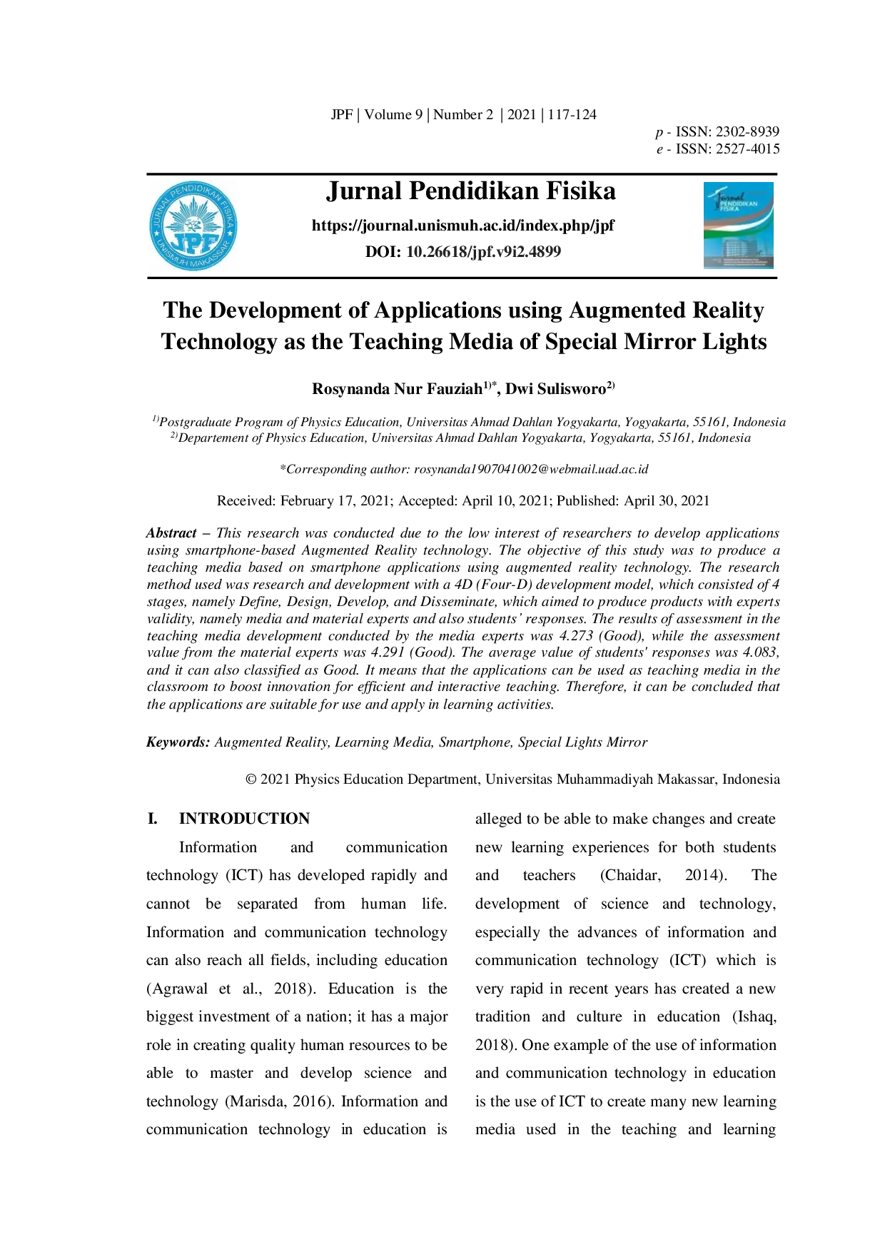 JURIS The Development of Applications using Augmented Reality Technology as the Teaching Media of Special Mirror Lights