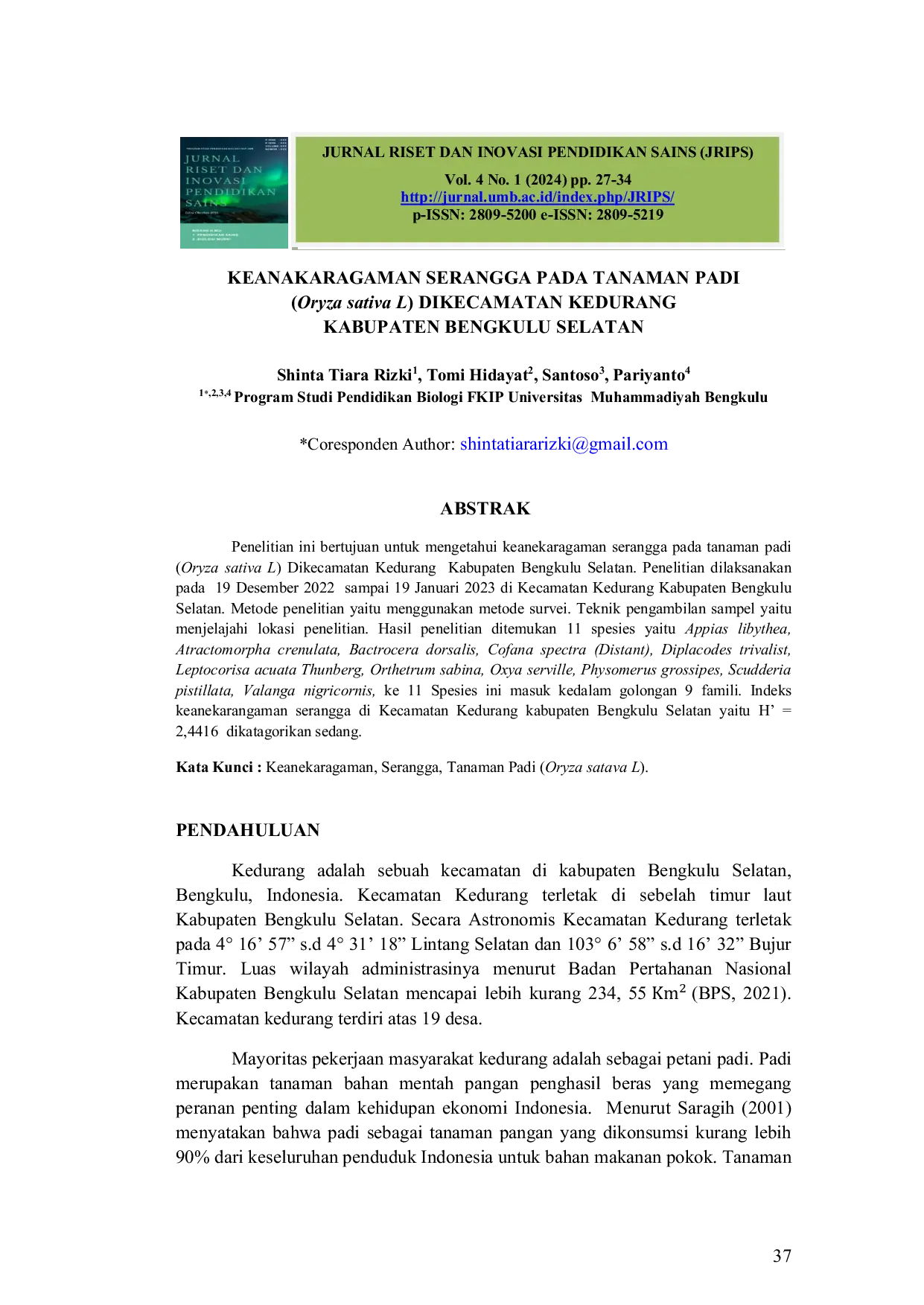 JURIS KEANAKARAGAMAN SERANGGA PADA TANAMAN PADI Oryza sativa L DIKECAMATAN KEDURANG KABUPATEN BENGKULU SELATAN