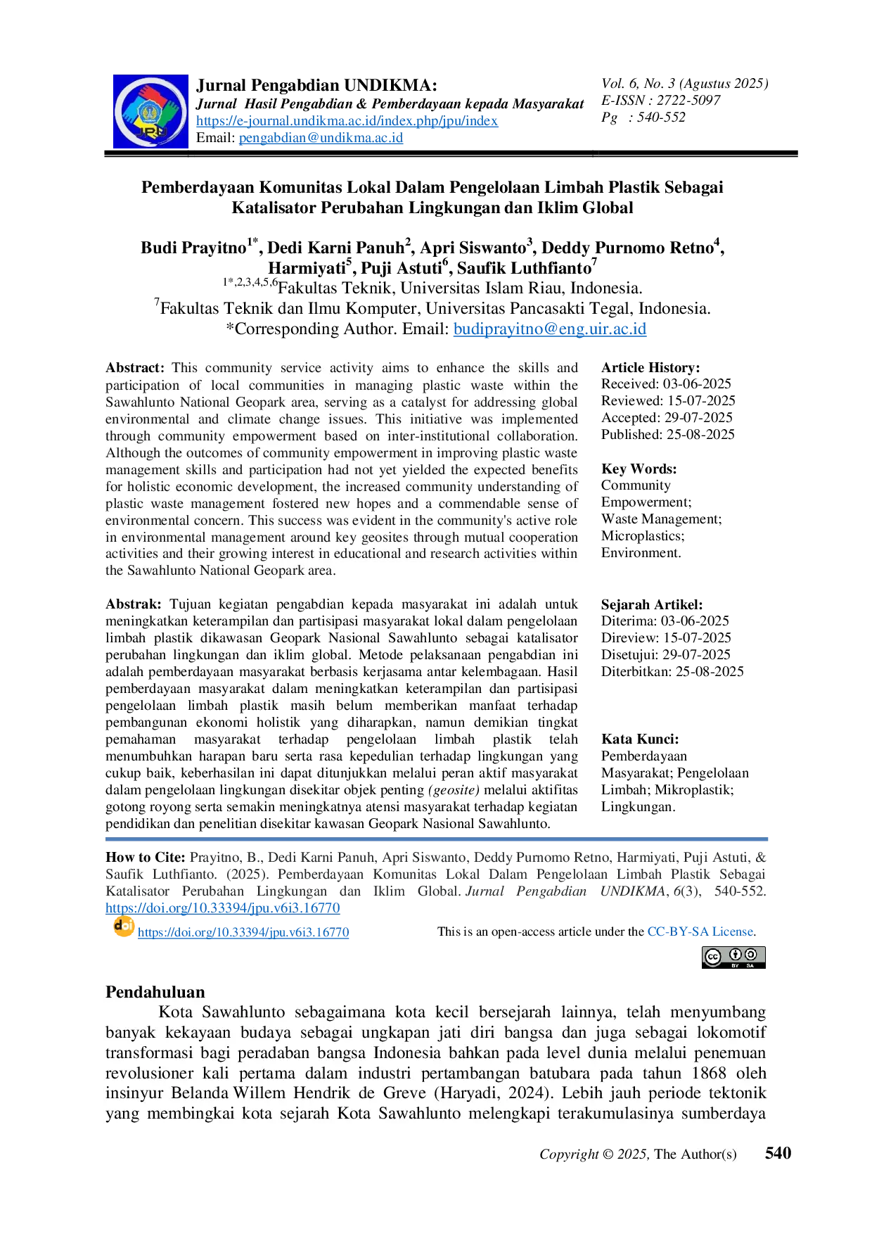 JURIS Pemberdayaan Komunitas Lokal Dalam Pengelolaan Limbah Plastik Sebagai Katalisator Perubahan Lingkungan dan Iklim Global
