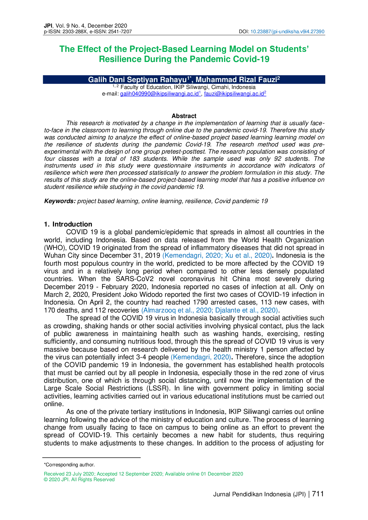juris The Effect of the Project Based Learning Model on Students Resilience During the Pandemic Covid 19