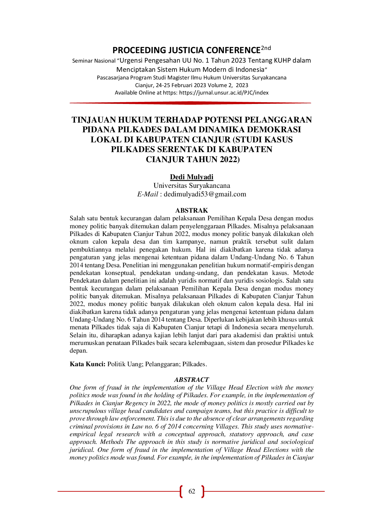 JURIS Tinjauan Hukum Terhadap Potensi Pelanggaran Pidana Pilkades Dalam Dinamika Demokrasi Lokal Di Kabupaten Cianjur Studi Kasus Pilkades Serentak Di Kabupaten Cianjur Tahun 2022
