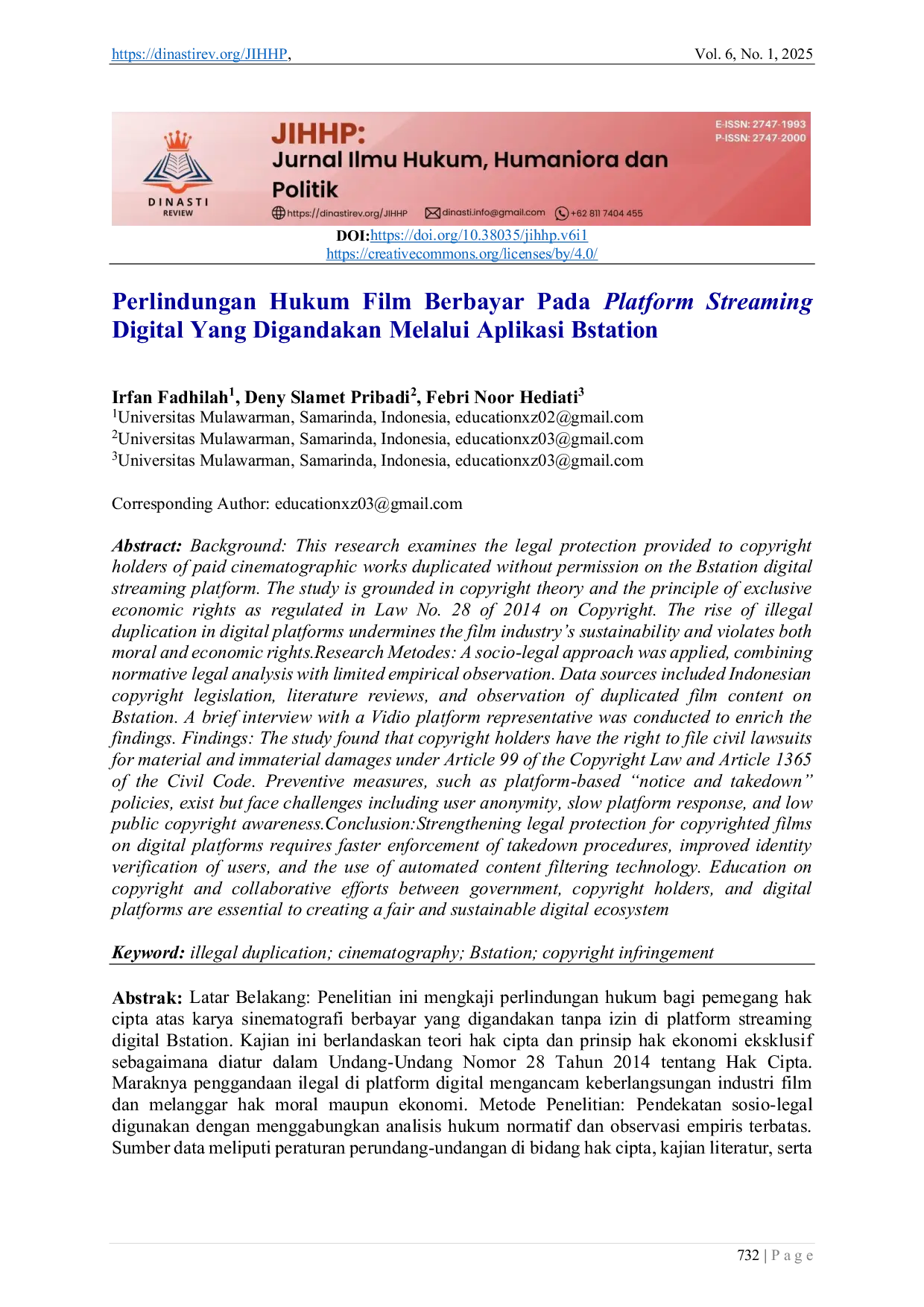 JURIS Perlindungan Hukum Film Berbayar Pada Platform Streaming Digital Yang Digandakan Melalui Aplikasi Bstation