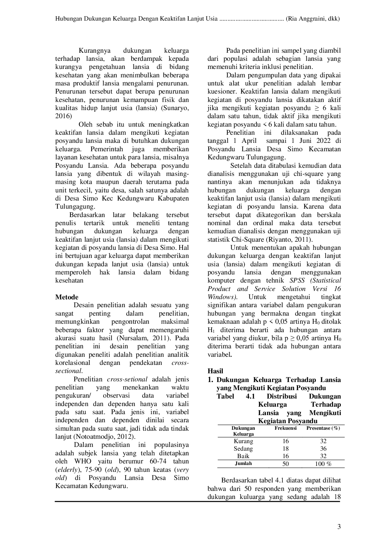 JURIS Hubungan Dukungan Keluarga Dengan Keaktifan Lanjut Usia Dalam Mengikuti Kegiatan Posyandu Di Posyandu Lansia Desa Simo Kecamatan Kedungwaru Tulungagung