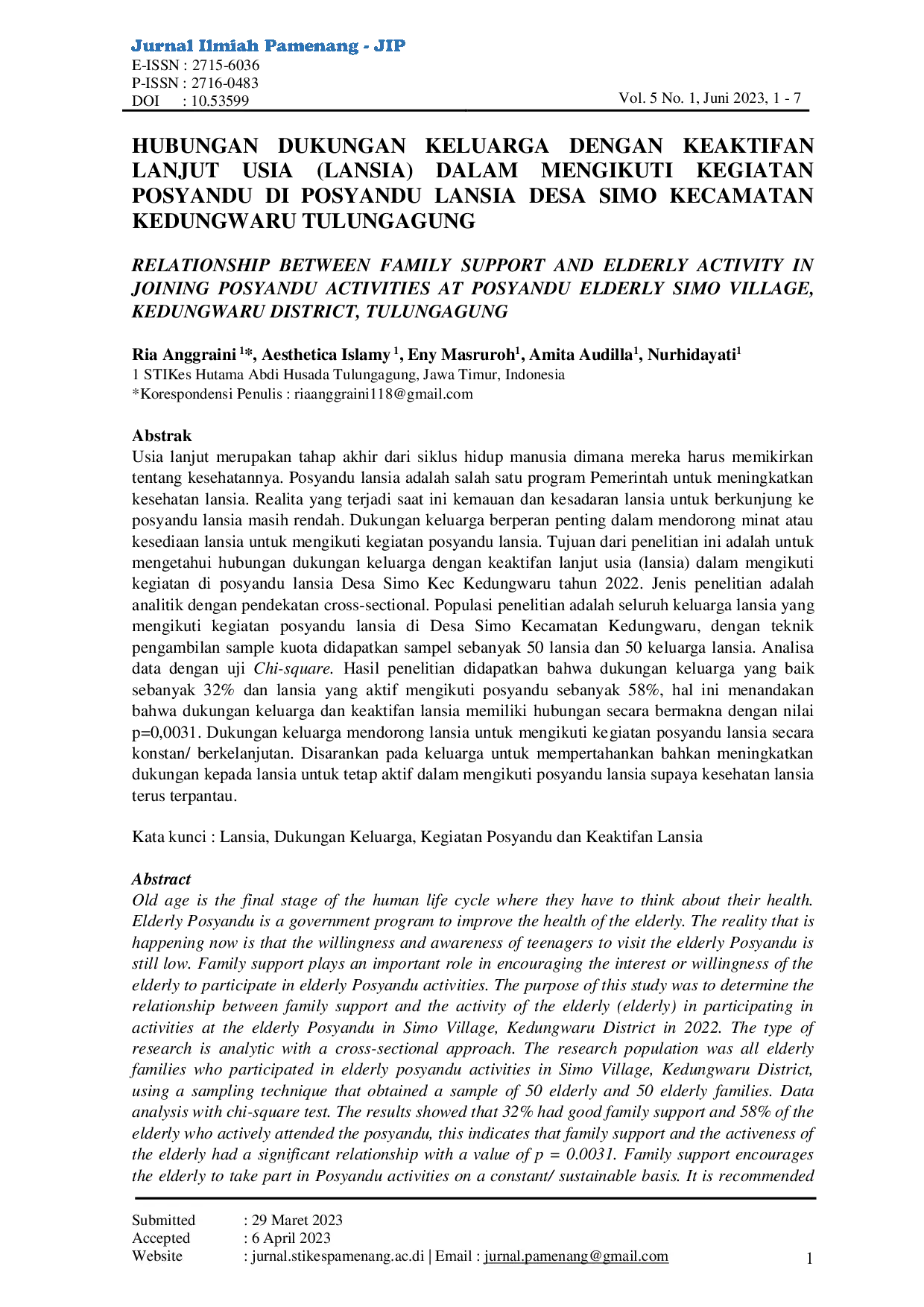 JURIS Hubungan Dukungan Keluarga Dengan Keaktifan Lanjut Usia Dalam Mengikuti Kegiatan Posyandu Di Posyandu Lansia Desa Simo Kecamatan Kedungwaru Tulungagung