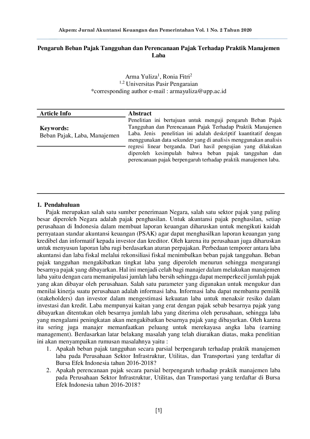 JURIS Pengaruh Beban Pajak Tangguhan dan Perencanaan Pajak Terhadap Praktik Manajemen Laba