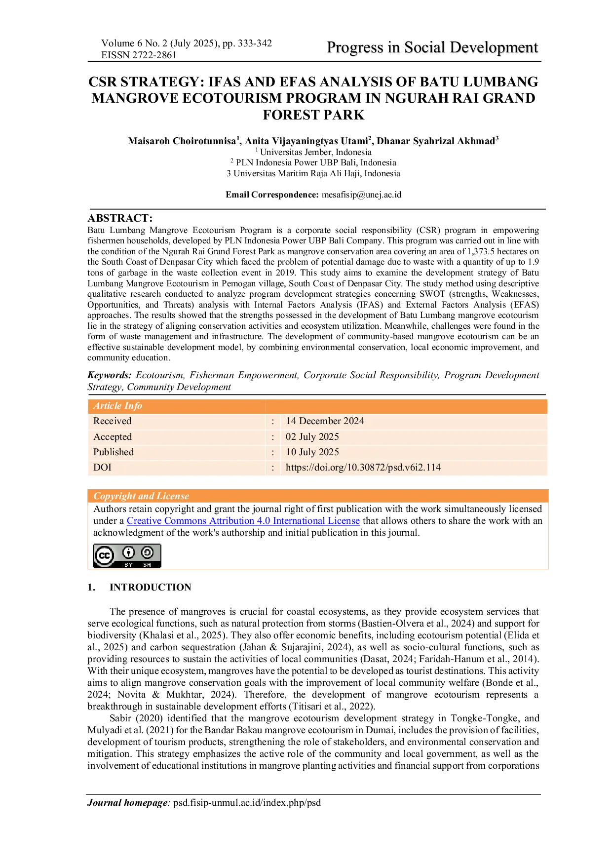 JURIS Csr Strategy Ifas And Efas Analysis Of Batu Lumbang Mangrove Ecotourism Program In Ngurah Rai Grand Forest Park