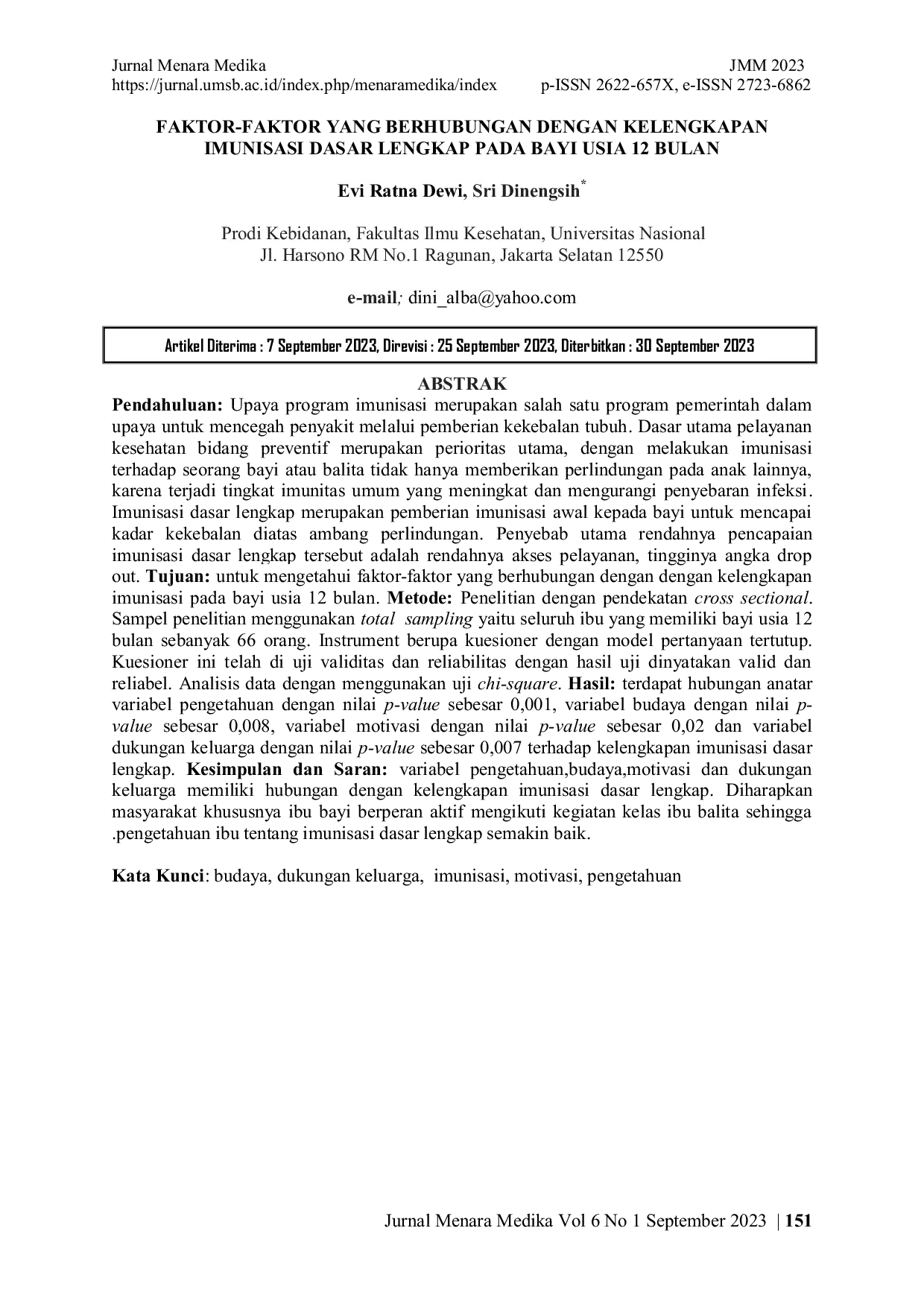 JURIS Faktor Faktor Yang Berhubungan Dengan Kelengkapan Imunisasi Dasar Lengkap Pada Bayi Usia 12 Bulan